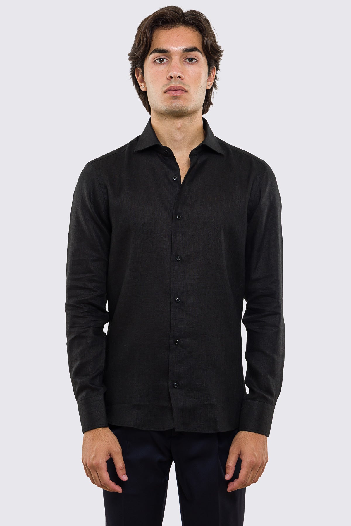 Camicia nera in Lino 100% made in italy da uomo collo semi francese morbido slim fit effetto melange mileta tessuti