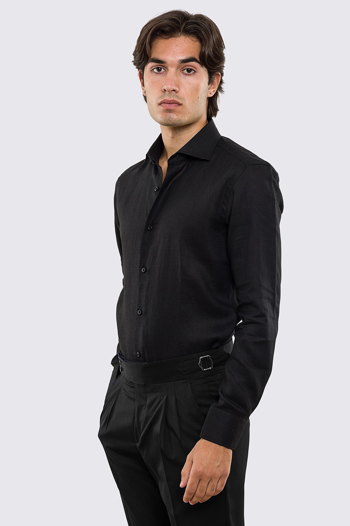 Camicia nera in Lino 100% made in italy da uomo collo semi francese morbido slim fit effetto melange mileta tessuti