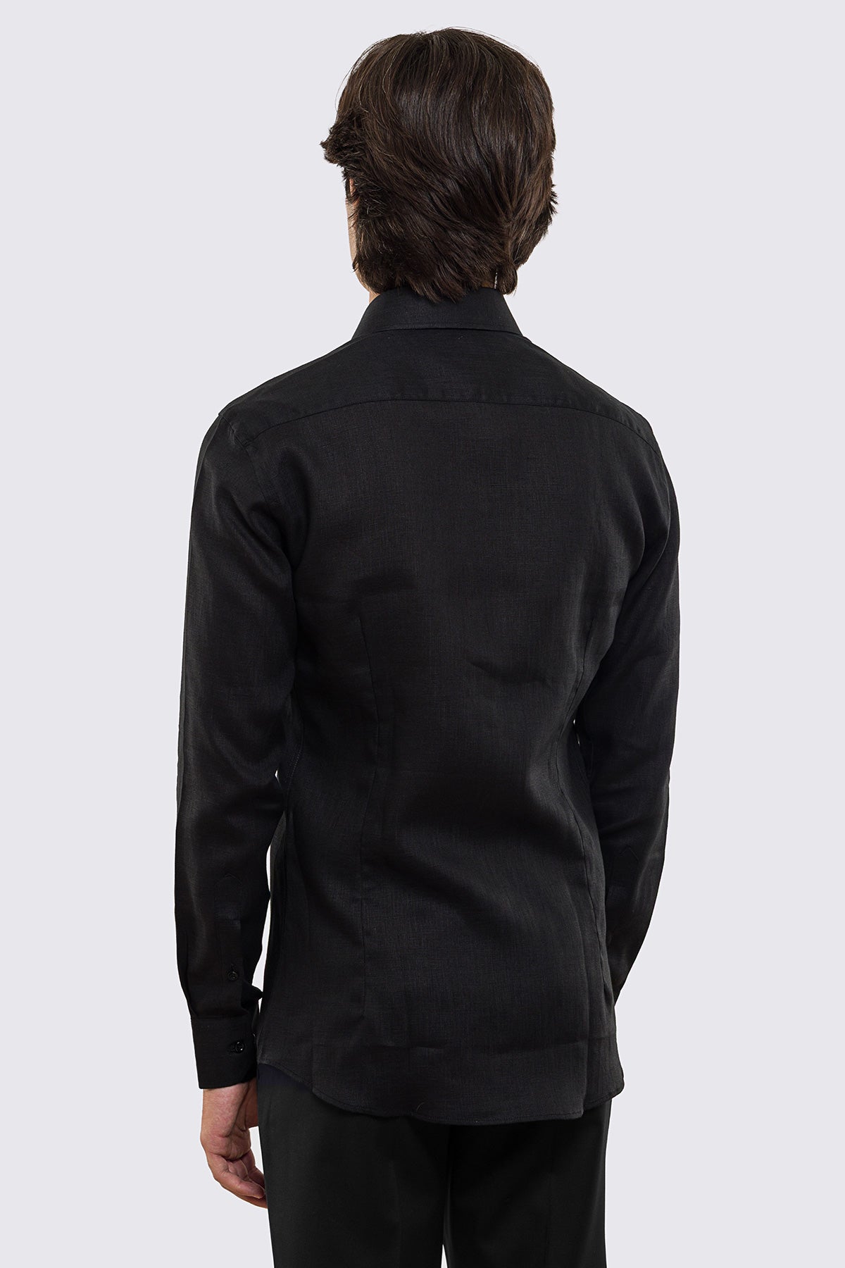 Camicia nera in Lino 100% made in italy da uomo collo semi francese morbido slim fit effetto melange mileta tessuti