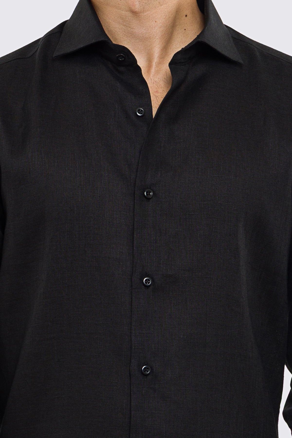 Camicia nera in Lino 100% made in italy da uomo collo semi francese morbido slim fit effetto melange mileta tessuti