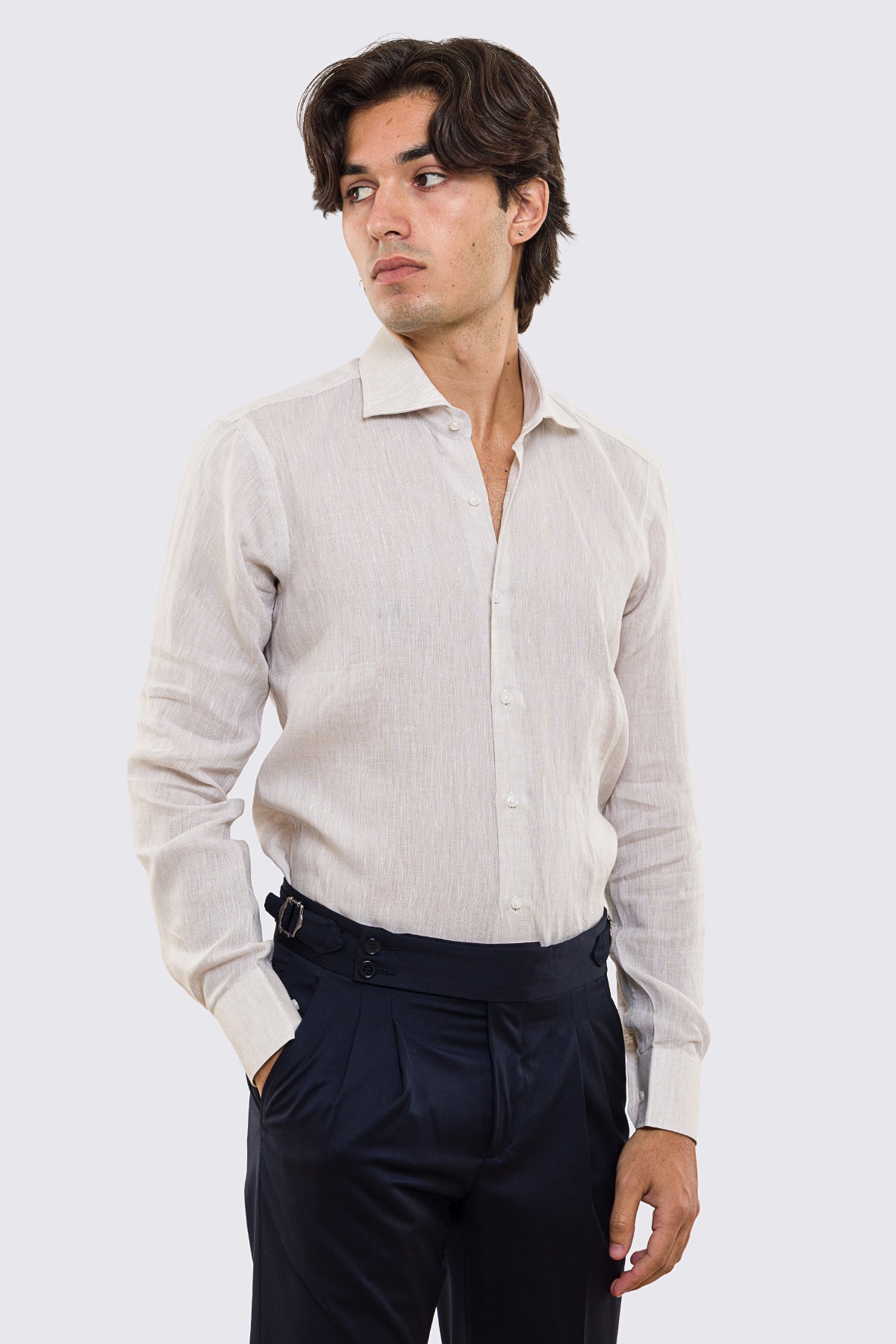 Camicia beige in Lino 100% made in italy da uomo collo semi francese morbido slim fit effetto melange mileta tessuti