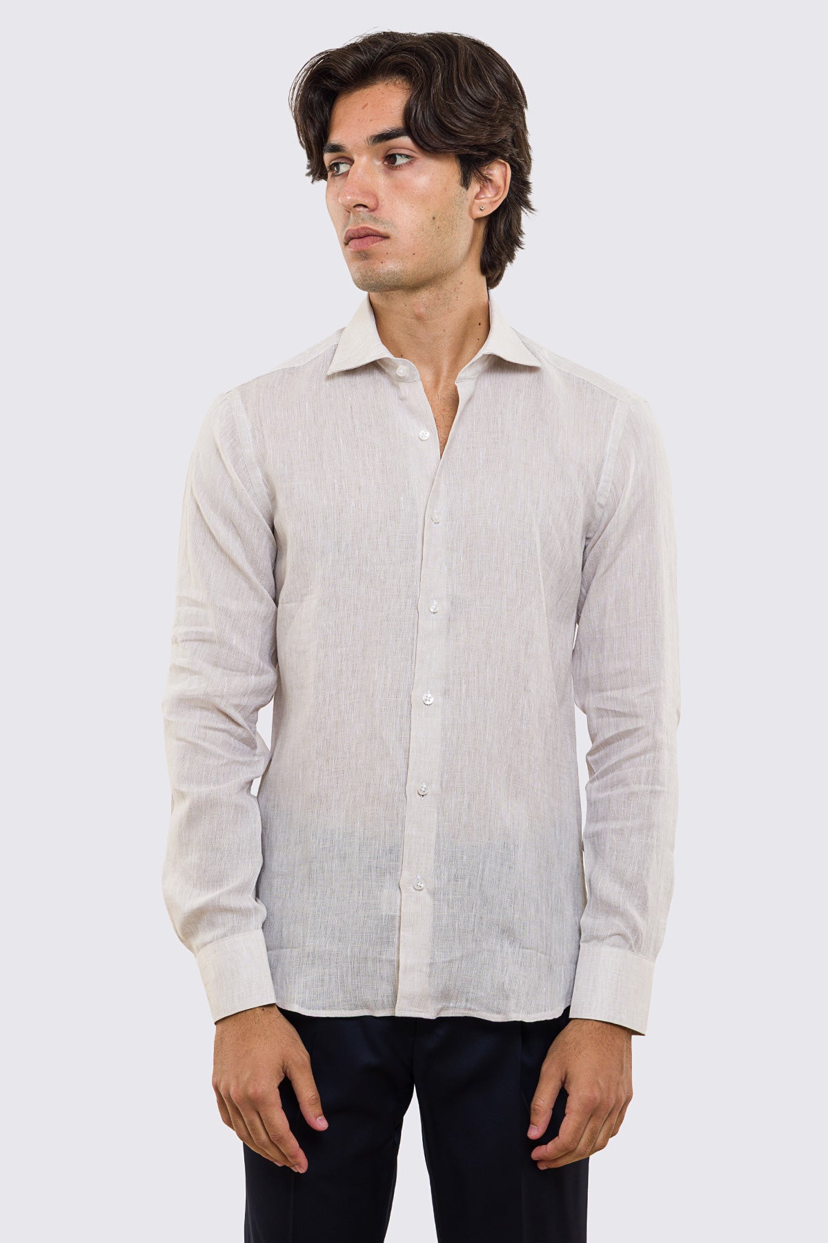 Camicia beige in Lino 100% made in italy da uomo collo semi francese morbido slim fit effetto melange mileta tessuti