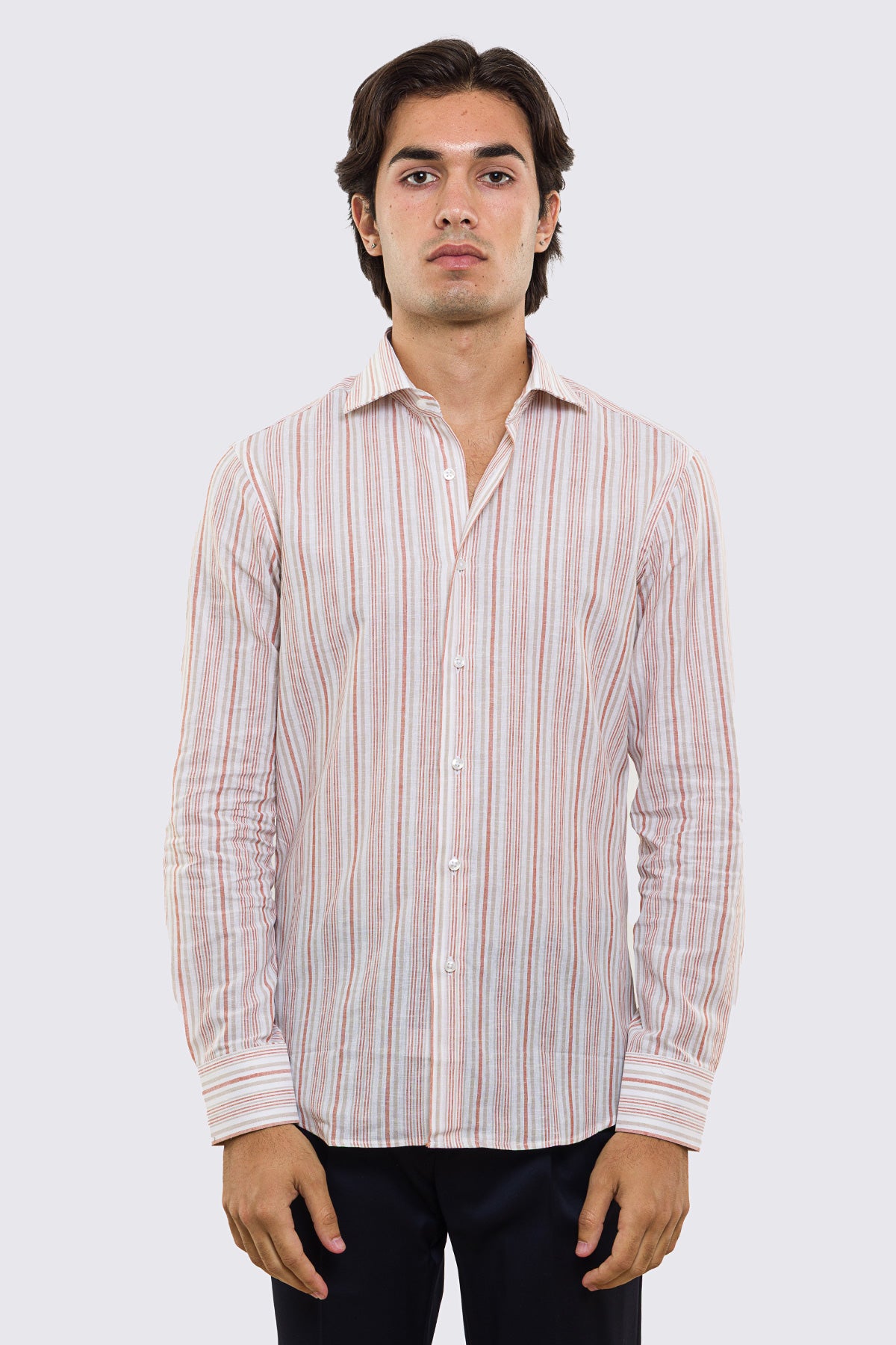Camicia beige rigata in Lino 100% made in italy da uomo collo semi francese morbido slim fit effetto melange mileta tessuti