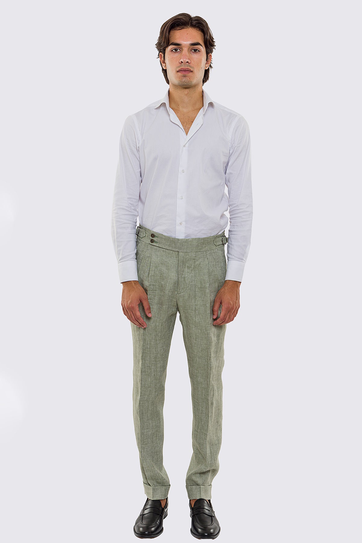 Pantalone Verde Vita  Alta Uomo In Lino 100% spigato Fordam Tessuti Doppia Pinces Fibbie Laterali E Risvolto 5cm