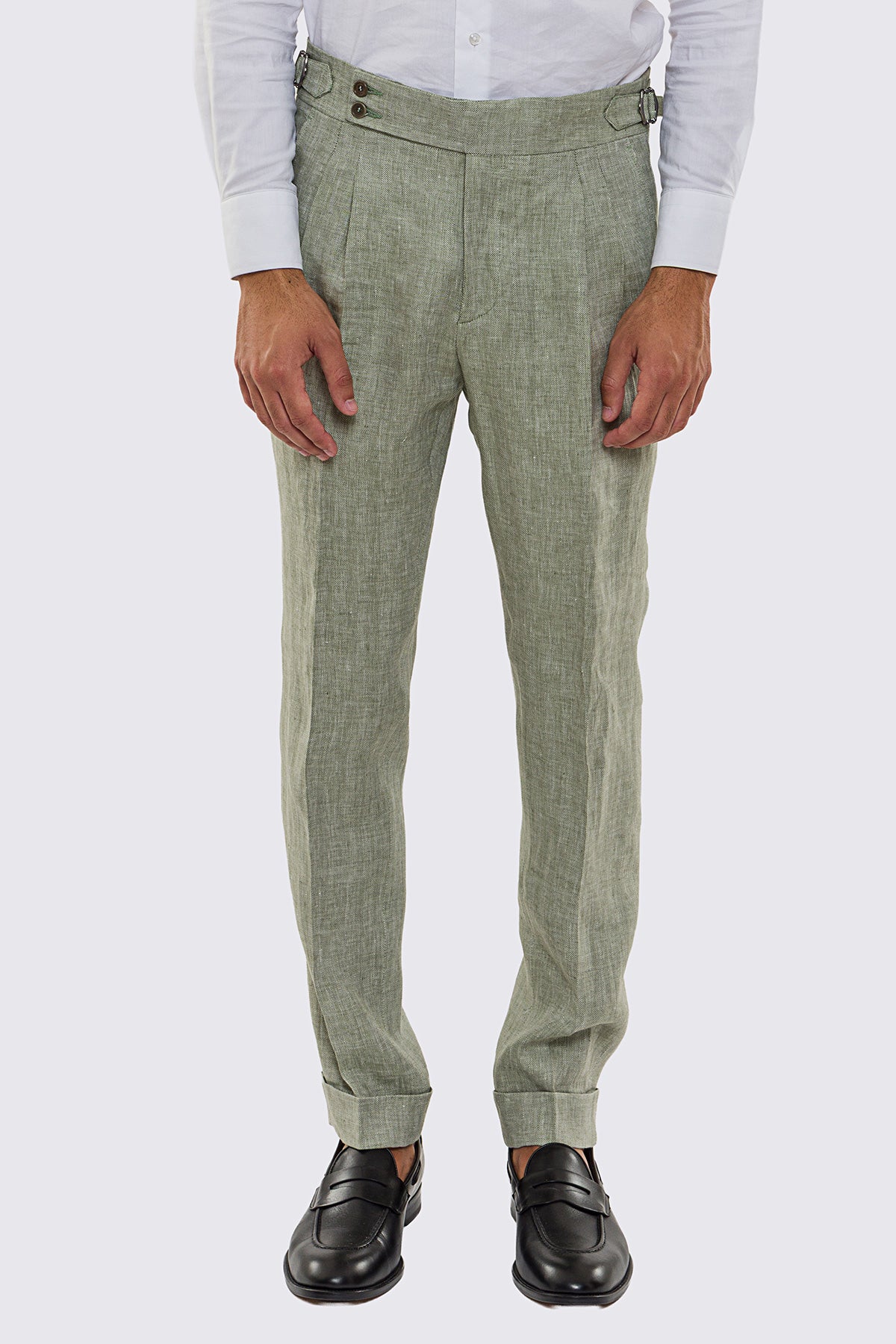 Pantalone Verde Vita  Alta Uomo In Lino 100% spigato Fordam Tessuti Doppia Pinces Fibbie Laterali E Risvolto 5cm