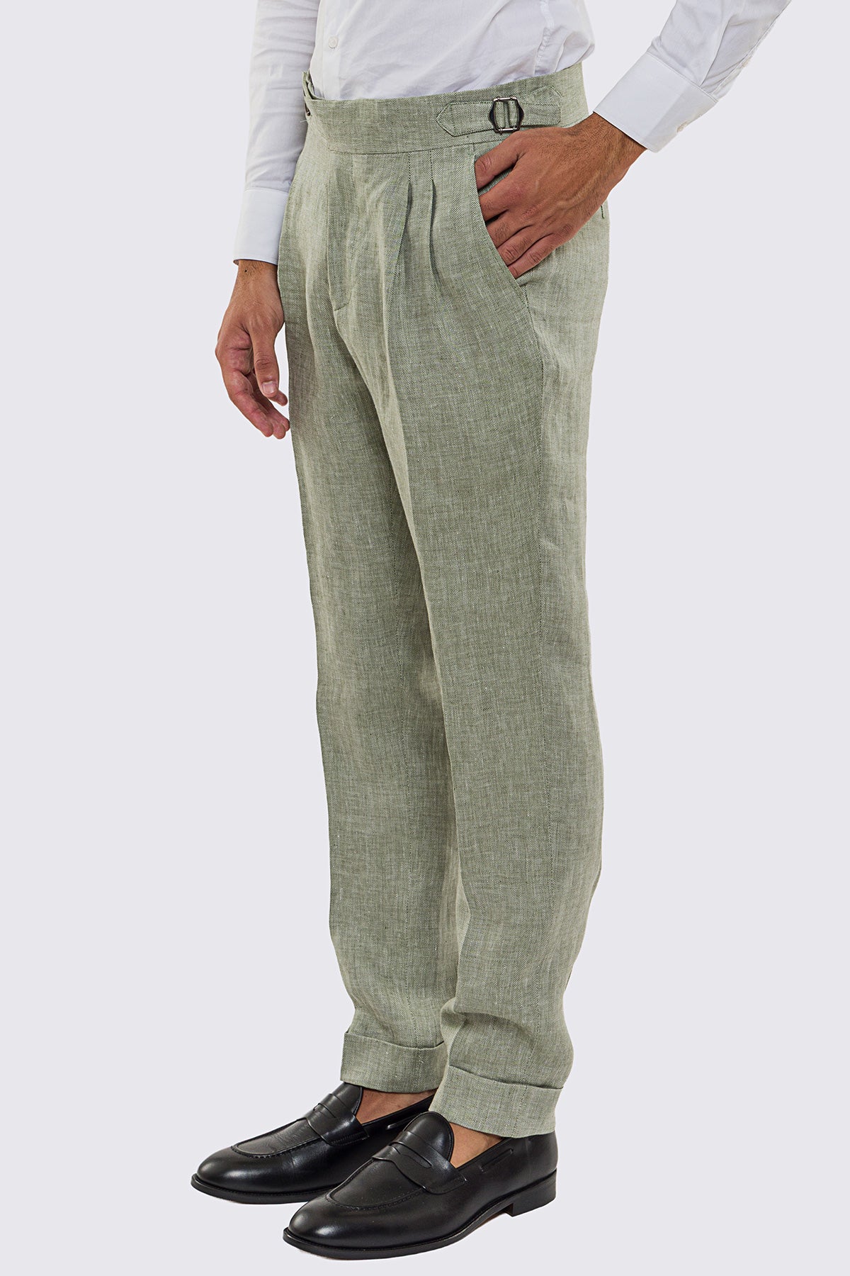 Pantalone Verde Vita  Alta Uomo In Lino 100% spigato Fordam Tessuti Doppia Pinces Fibbie Laterali E Risvolto 5cm