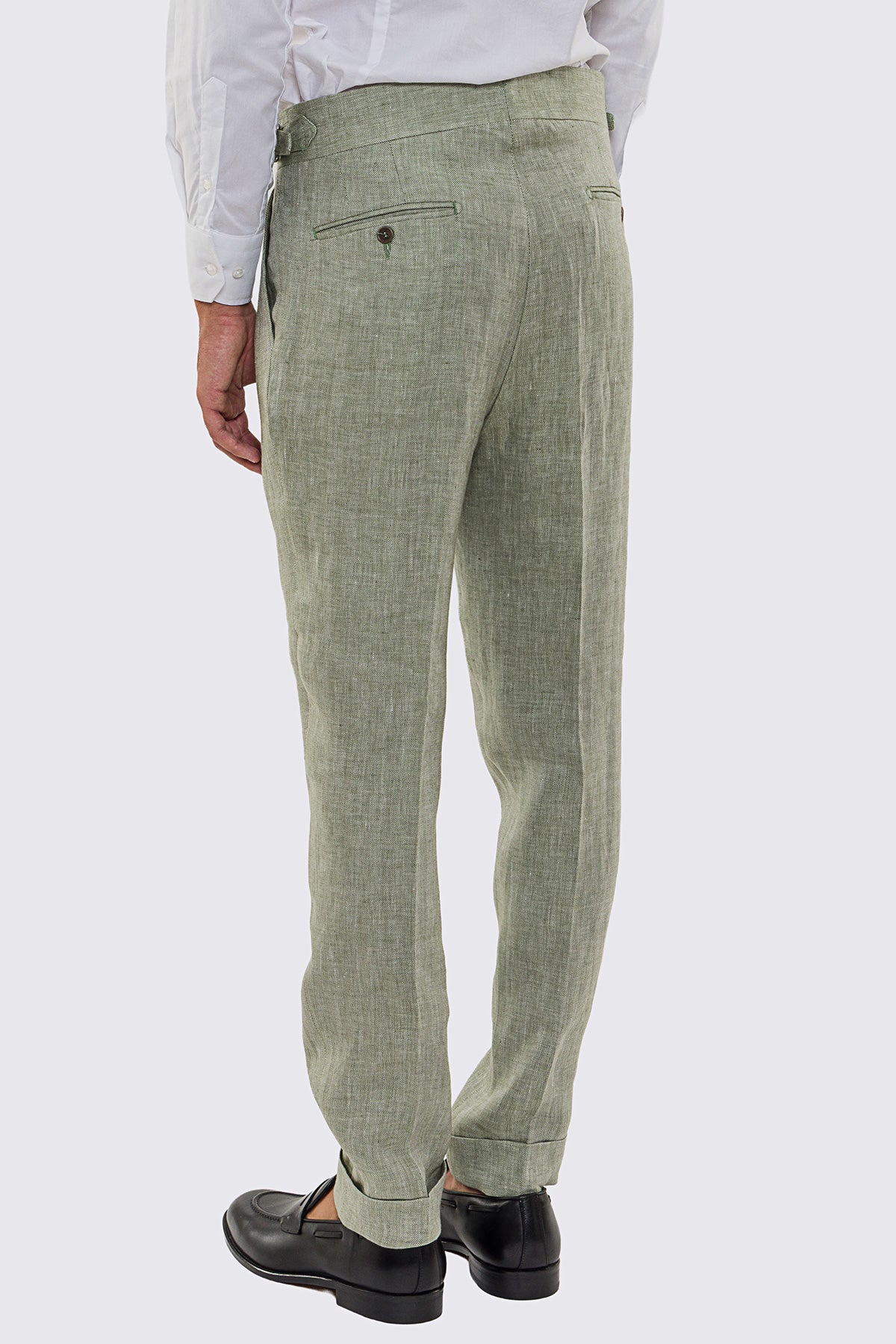 Pantalone Verde Vita  Alta Uomo In Lino 100% spigato Fordam Tessuti Doppia Pinces Fibbie Laterali E Risvolto 5cm