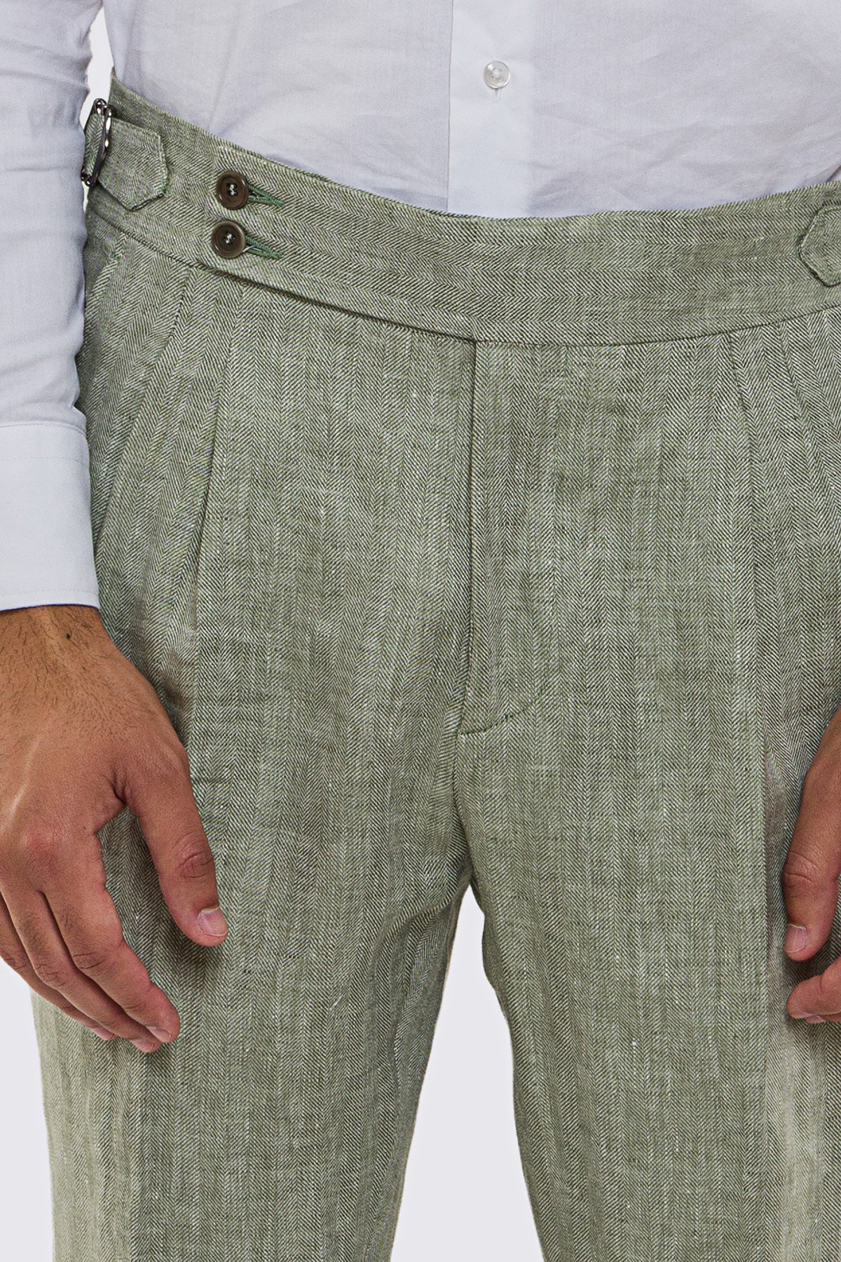 Pantalone Verde Vita  Alta Uomo In Lino 100% spigato Fordam Tessuti Doppia Pinces Fibbie Laterali E Risvolto 5cm
