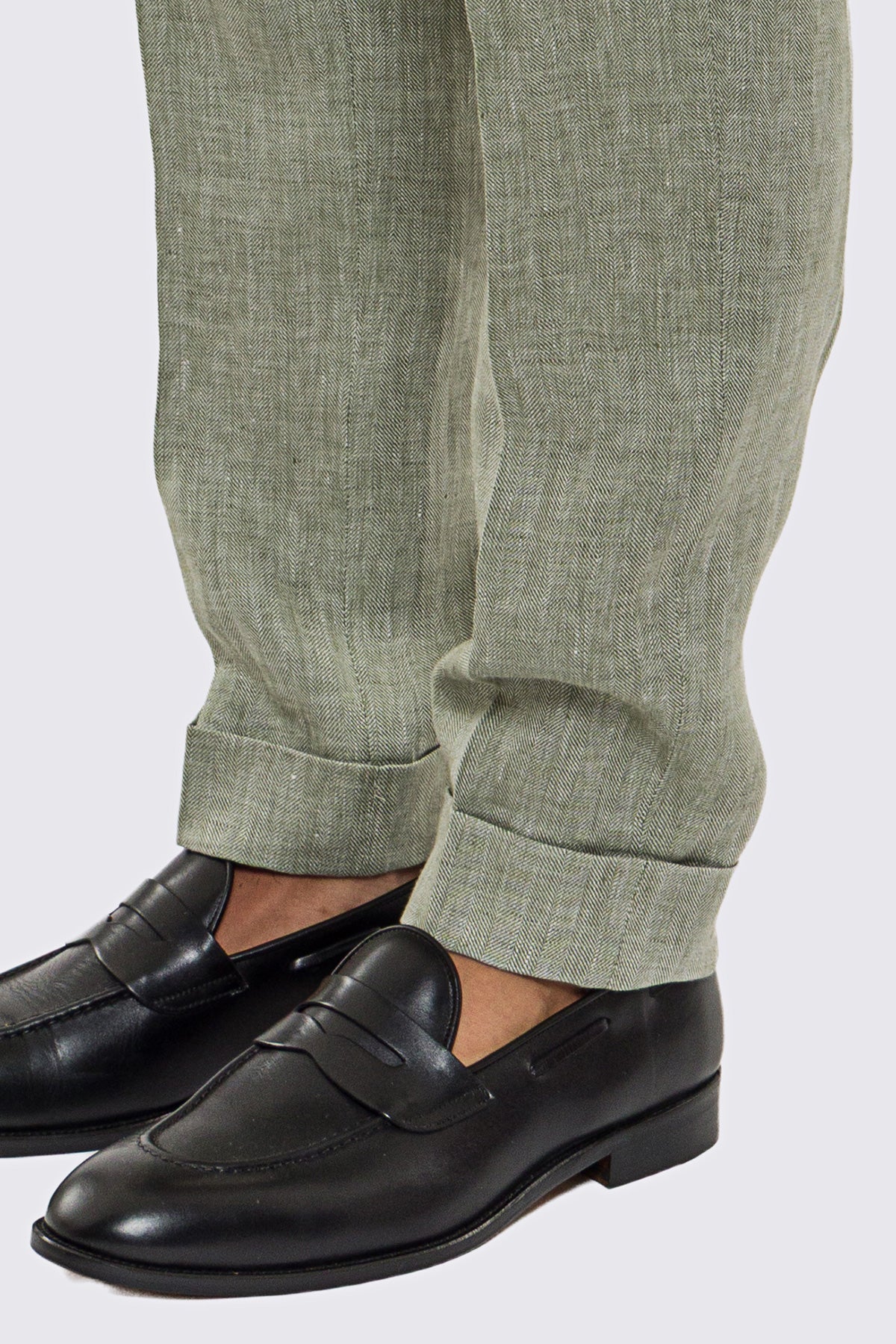 Pantalone Verde Vita  Alta Uomo In Lino 100% spigato Fordam Tessuti Doppia Pinces Fibbie Laterali E Risvolto 5cm