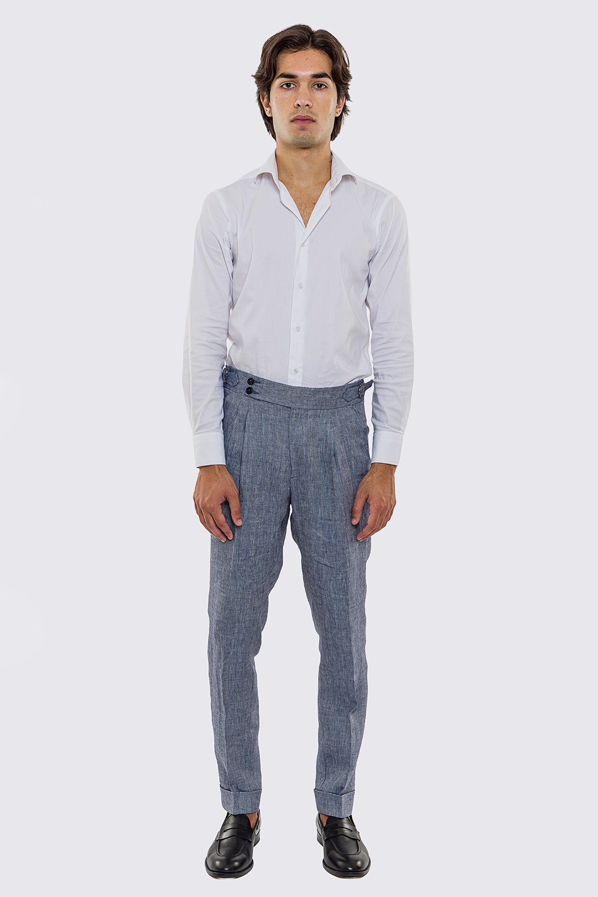 Pantalone Blu Vita  Alta Uomo In Lino 100% spigato Fordam Tessuti Doppia Pinces Fibbie Laterali E Risvolto 5cm