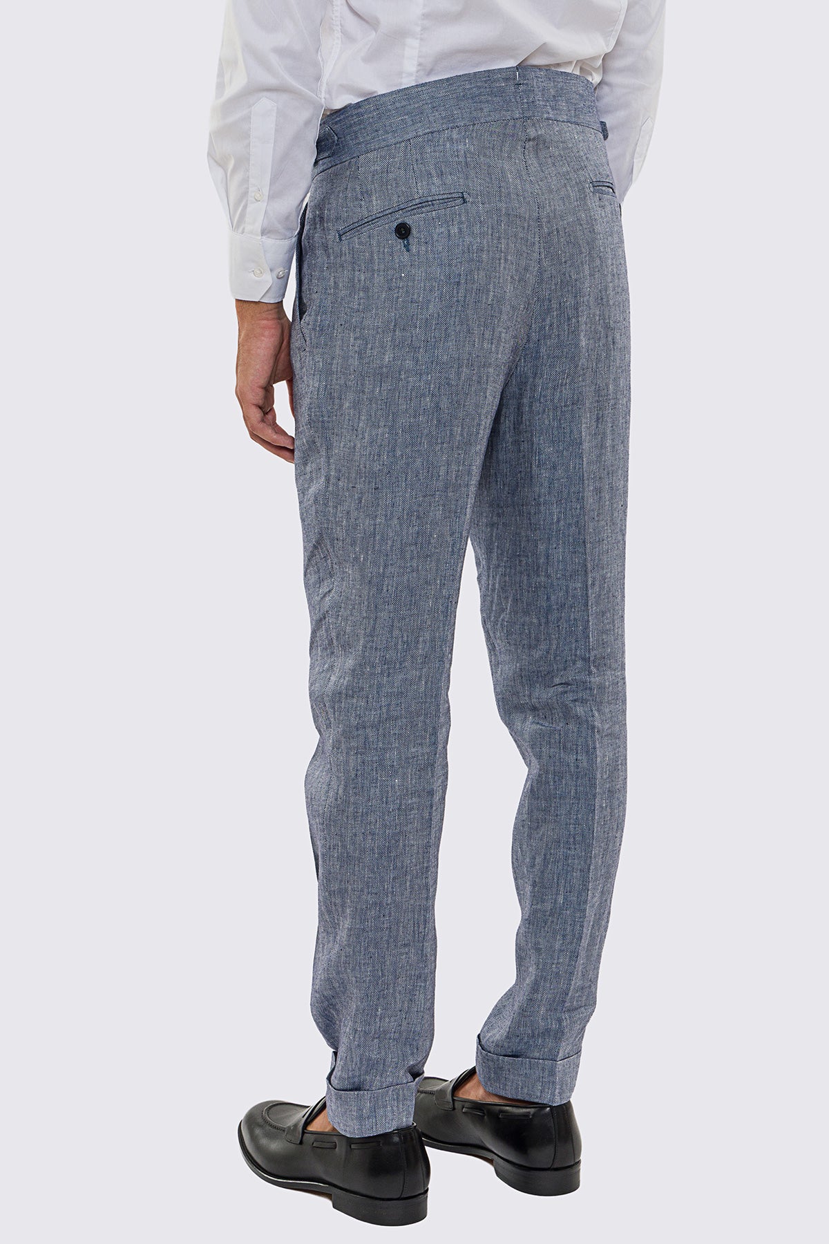 Pantalone Blu Vita  Alta Uomo In Lino 100% spigato Fordam Tessuti Doppia Pinces Fibbie Laterali E Risvolto 5cm