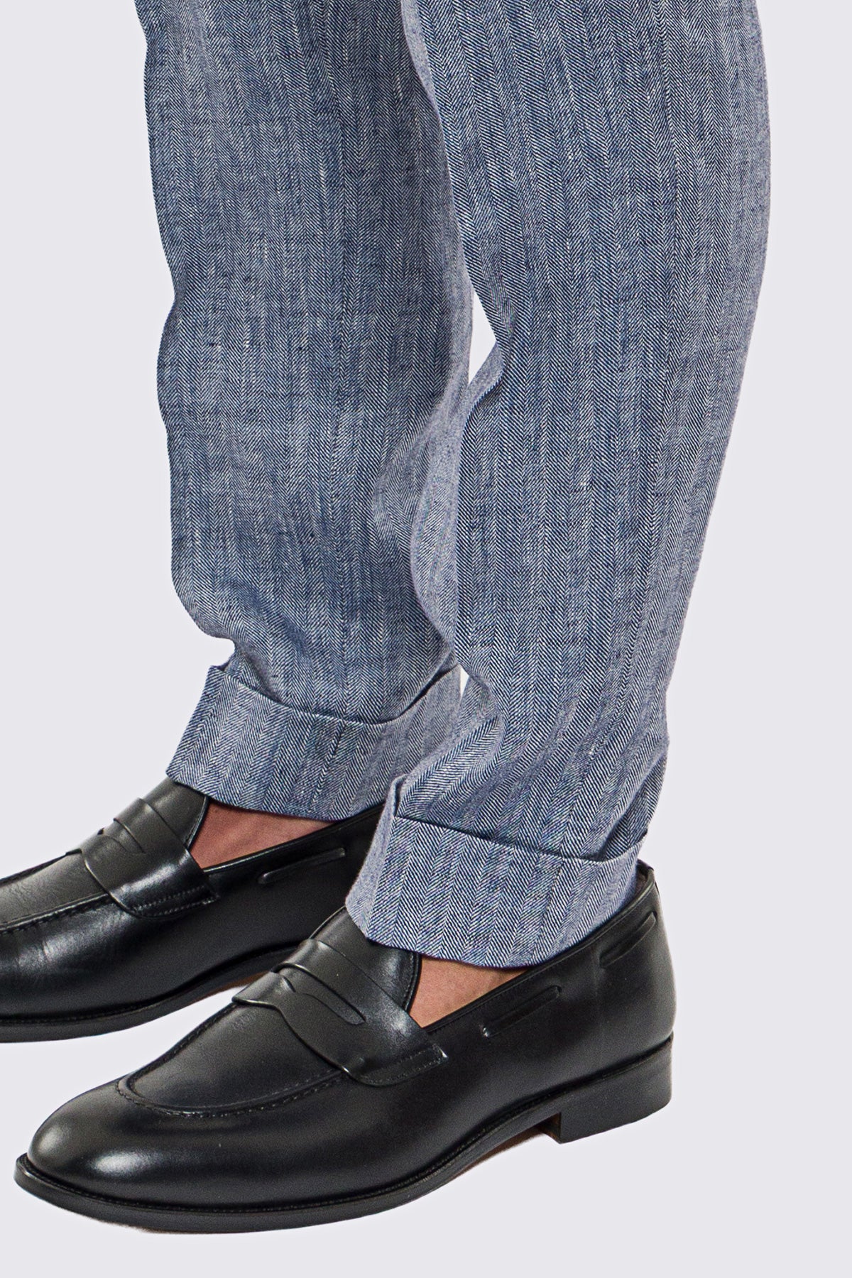 Pantalone Blu Vita  Alta Uomo In Lino 100% spigato Fordam Tessuti Doppia Pinces Fibbie Laterali E Risvolto 5cm