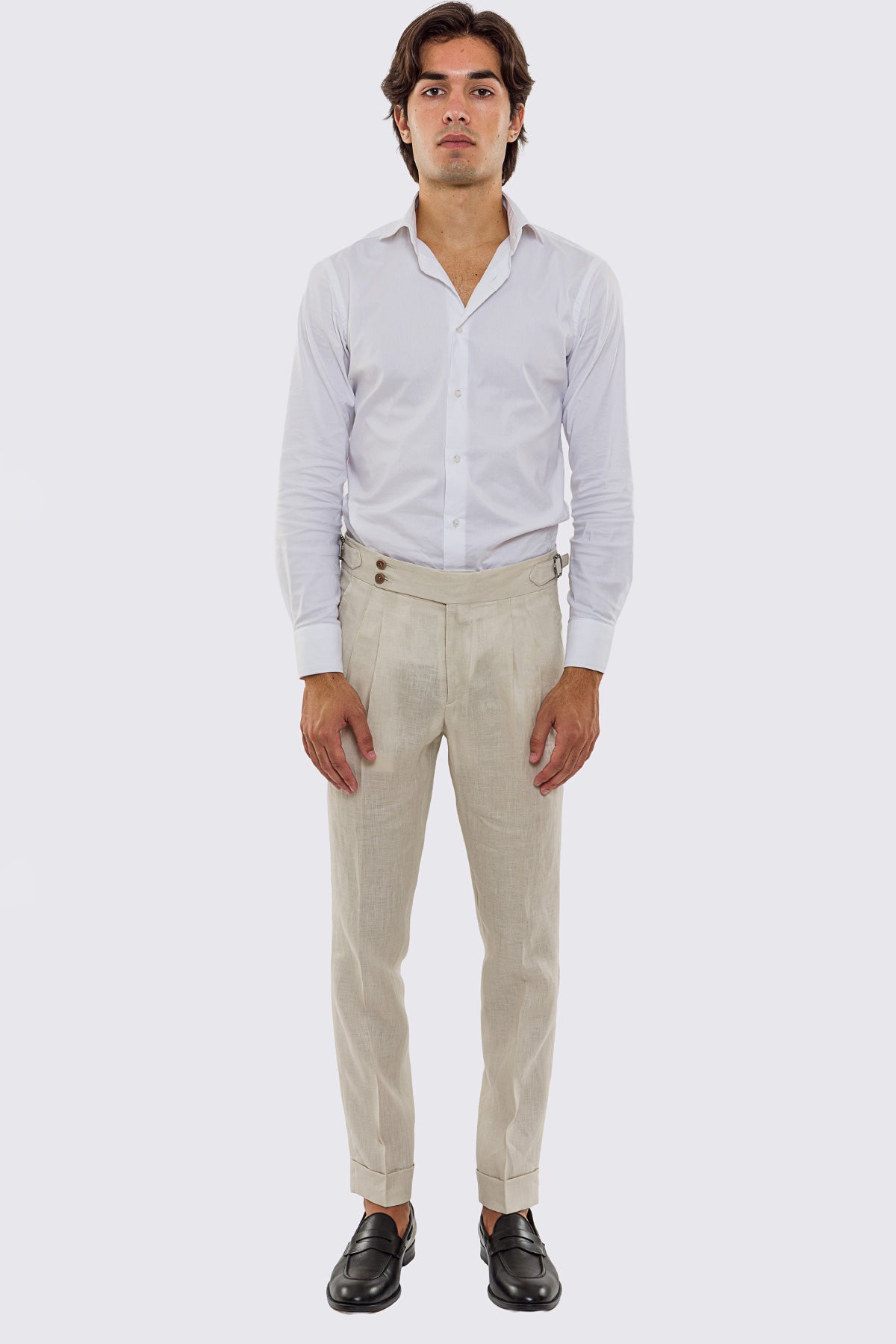 Pantalone Beige Vita  Alta Uomo In Lino 100% Doppia Pinces Fibbie Laterali E Risvolto 5cm .