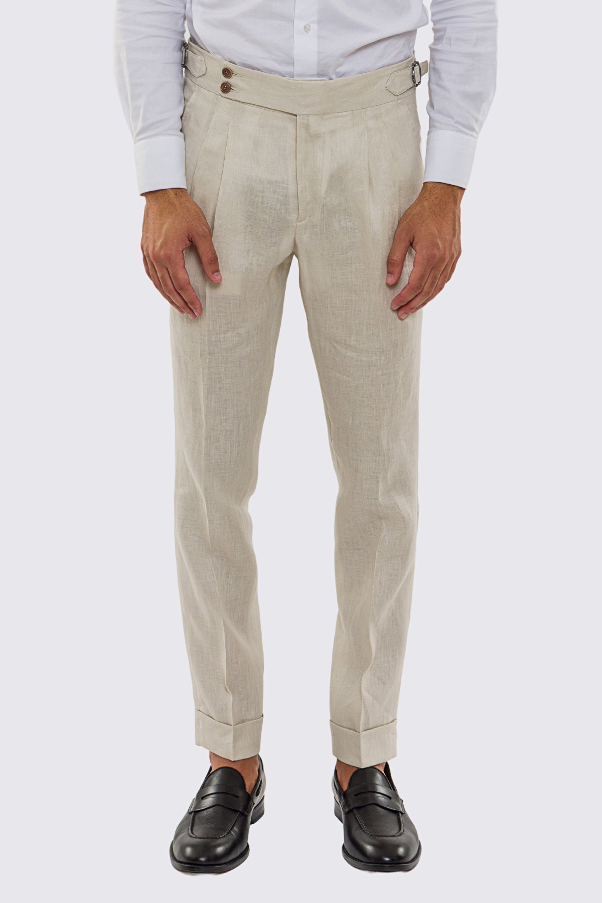 Pantalone Beige Vita  Alta Uomo In Lino 100% Doppia Pinces Fibbie Laterali E Risvolto 5cm .