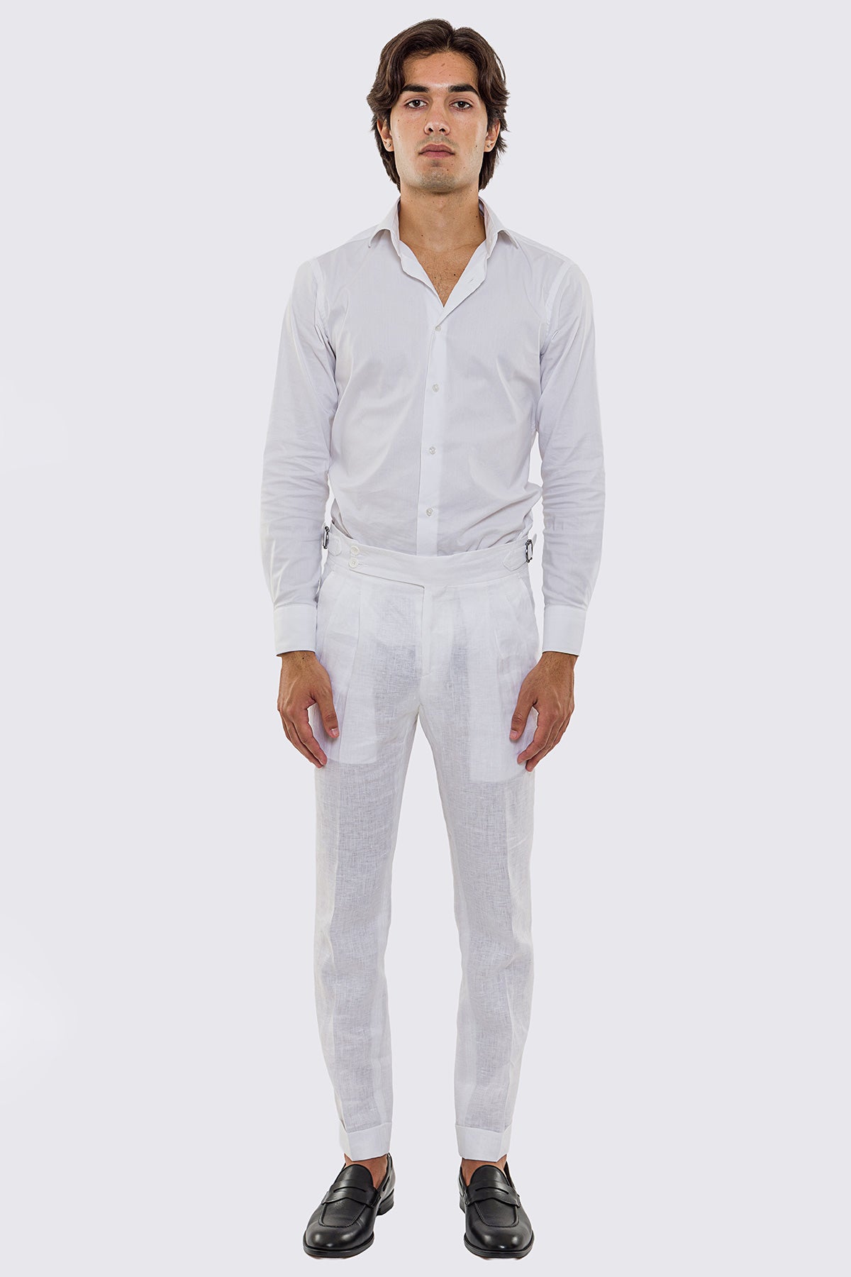 Pantalone bianco Vita  Alta Uomo In Lino 100% Doppia Pinces Fibbie Laterali E Risvolto 5cm