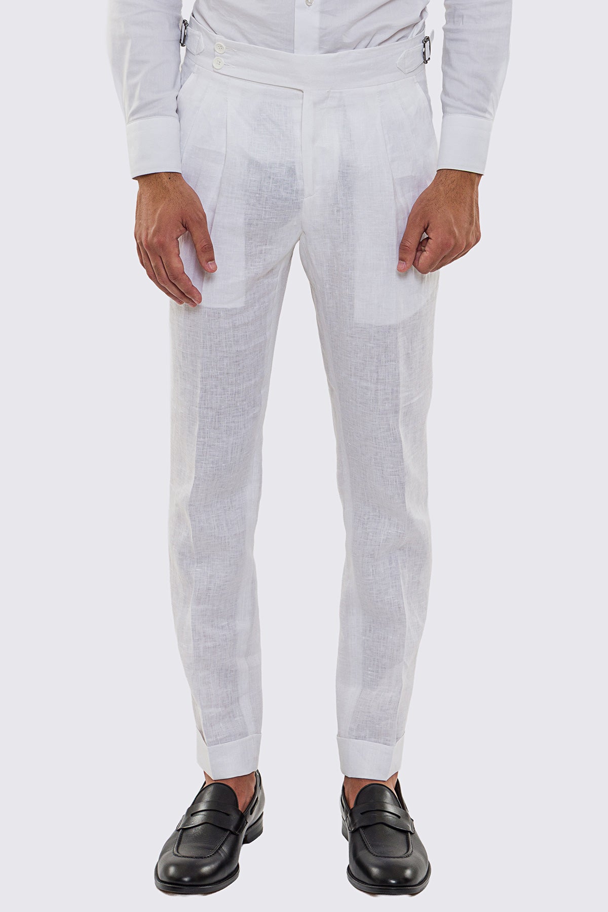 Pantalone bianco Vita  Alta Uomo In Lino 100% Doppia Pinces Fibbie Laterali E Risvolto 5cm