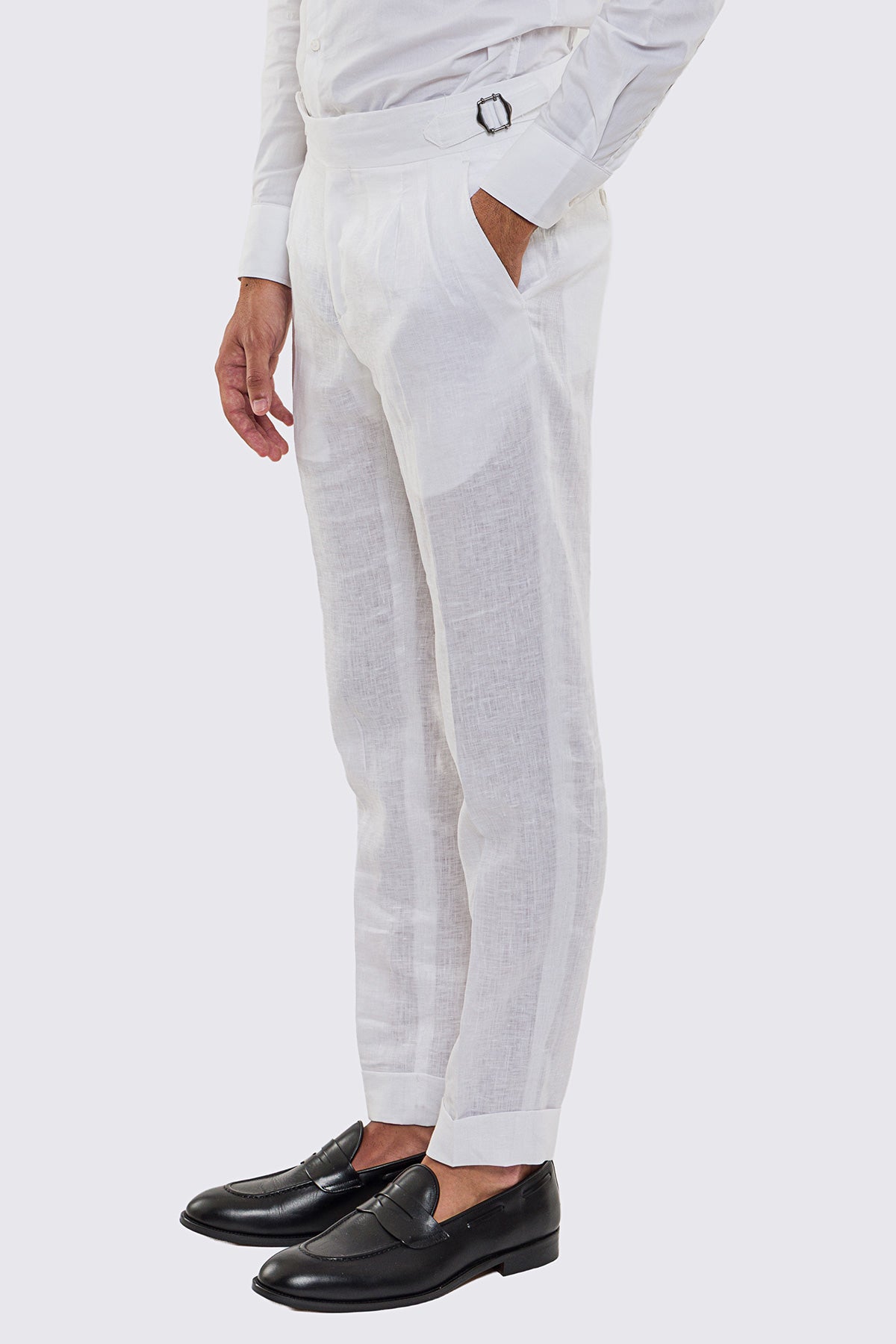 Pantalone bianco Vita  Alta Uomo In Lino 100% Doppia Pinces Fibbie Laterali E Risvolto 5cm