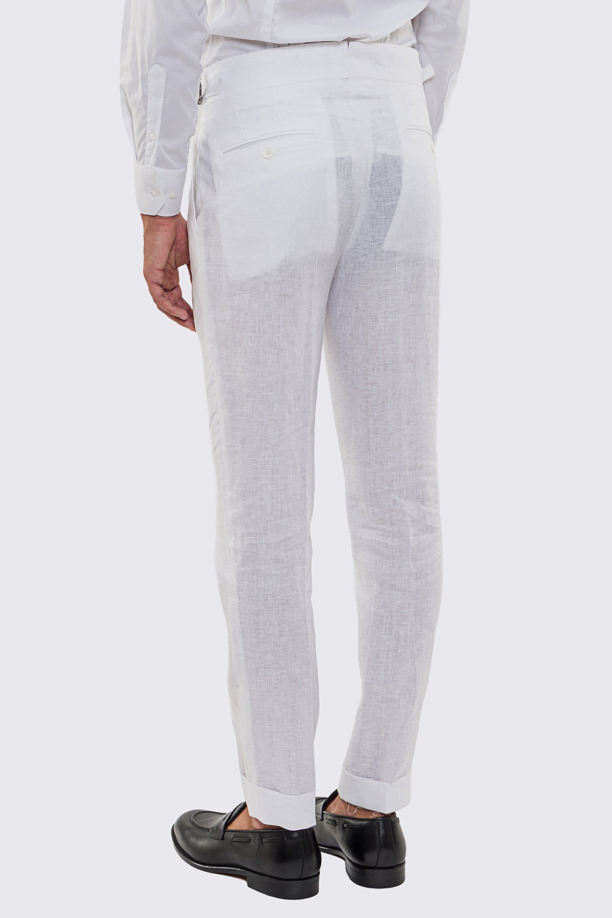 Pantalone bianco Vita  Alta Uomo In Lino 100% Doppia Pinces Fibbie Laterali E Risvolto 5cm