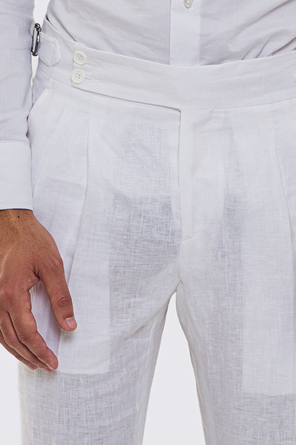 Pantalone bianco Vita  Alta Uomo In Lino 100% Doppia Pinces Fibbie Laterali E Risvolto 5cm