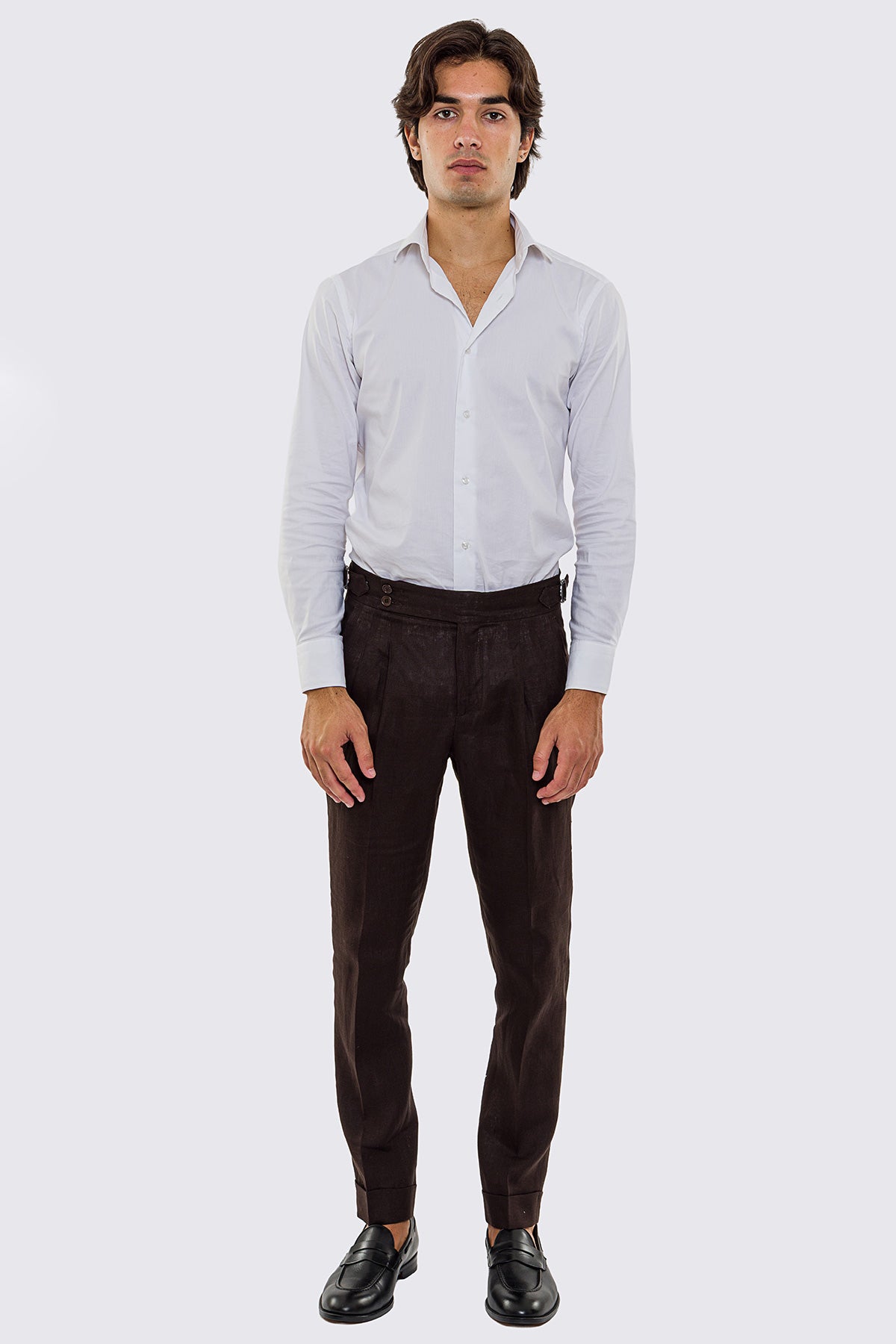 Pantalone marrone Vita  Alta Uomo In Lino 100% Doppia Pinces Fibbie Laterali E Risvolto 5cm