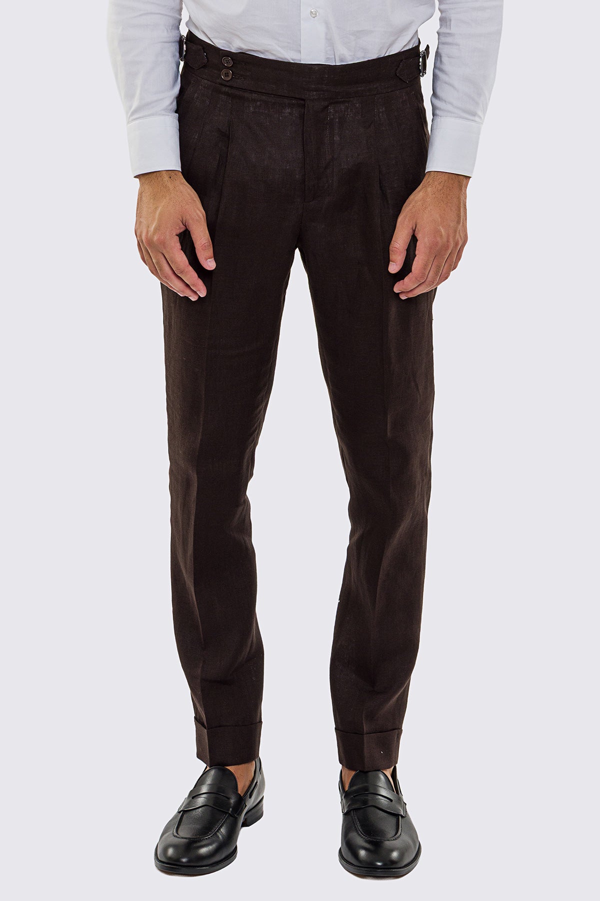 Pantalone marrone Vita  Alta Uomo In Lino 100% Doppia Pinces Fibbie Laterali E Risvolto 5cm