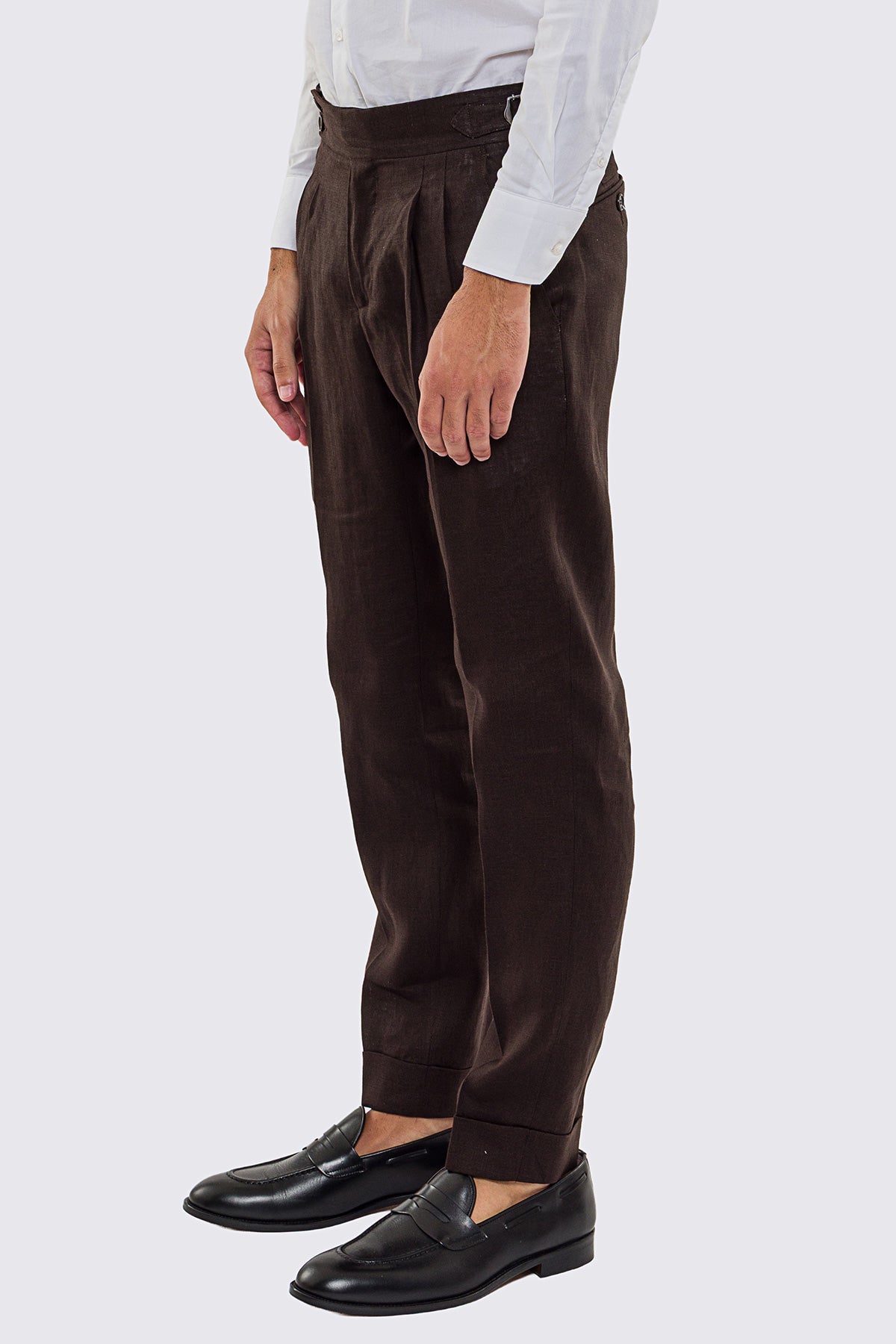 Pantalone marrone Vita  Alta Uomo In Lino 100% Doppia Pinces Fibbie Laterali E Risvolto 5cm