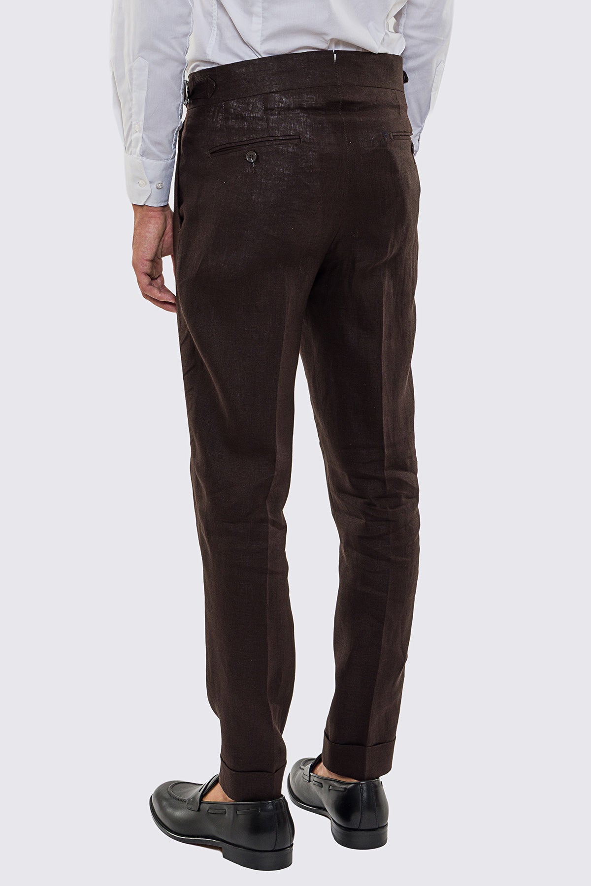 Pantalone marrone Vita  Alta Uomo In Lino 100% Doppia Pinces Fibbie Laterali E Risvolto 5cm