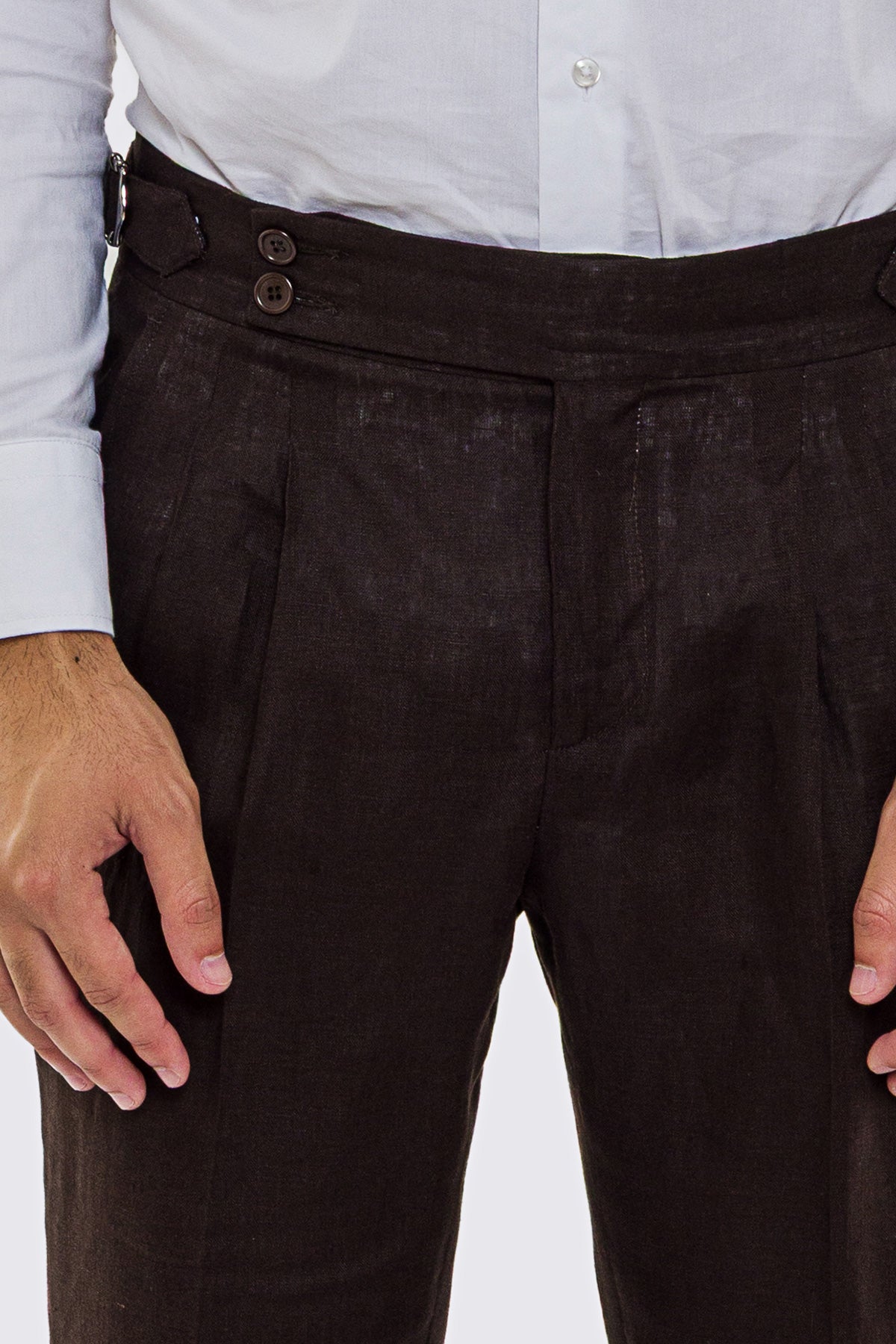 Pantalone marrone Vita  Alta Uomo In Lino 100% Doppia Pinces Fibbie Laterali E Risvolto 5cm
