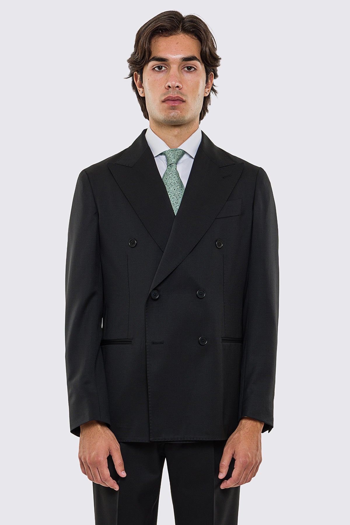 Giacca uomo doppiopetto nera fresco lana super 130's Vitale Barberis Canonico sfoderata Rever a lancia tasche a filo