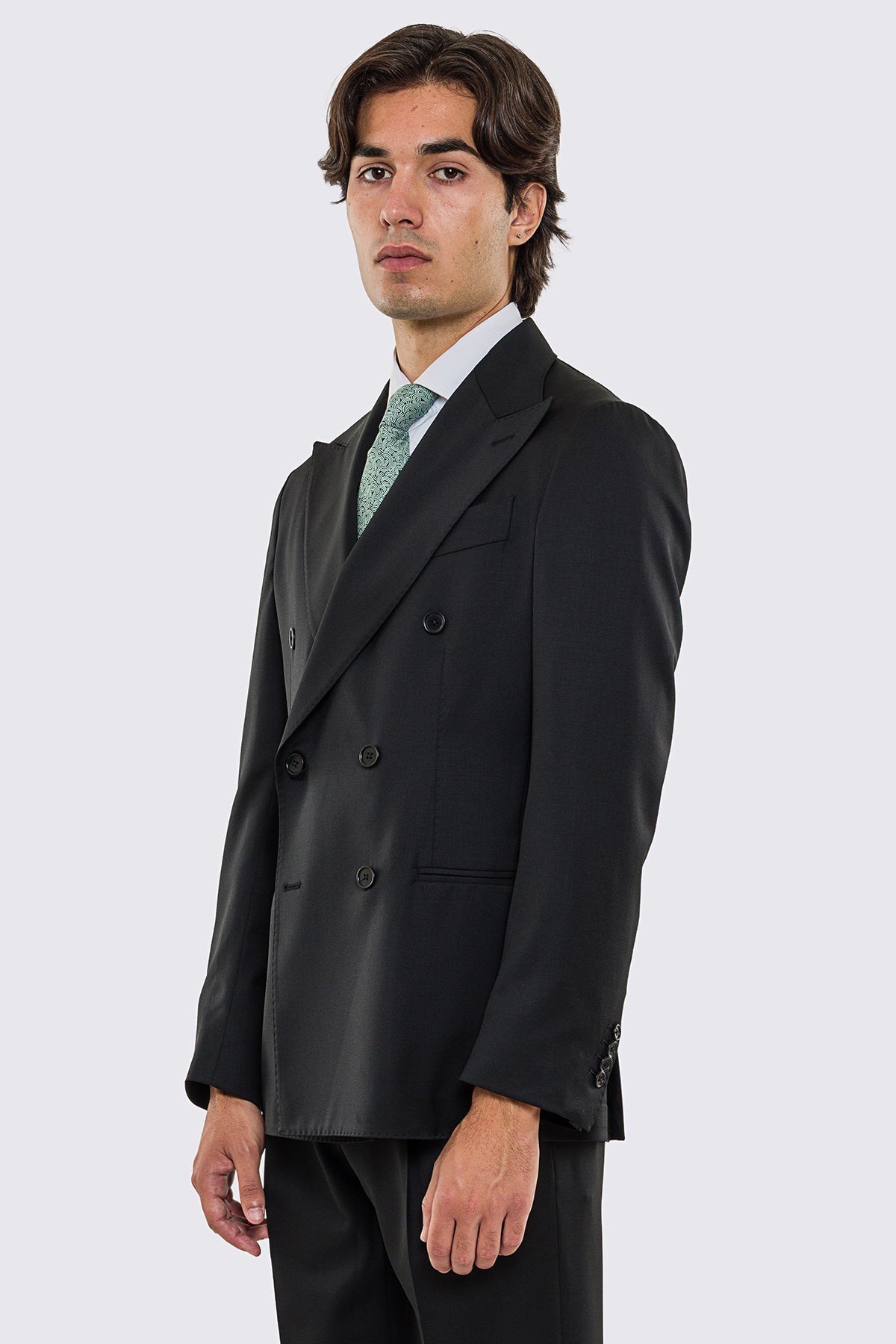 Giacca uomo doppiopetto nera fresco lana super 130's Vitale Barberis Canonico sfoderata Rever a lancia tasche a filo