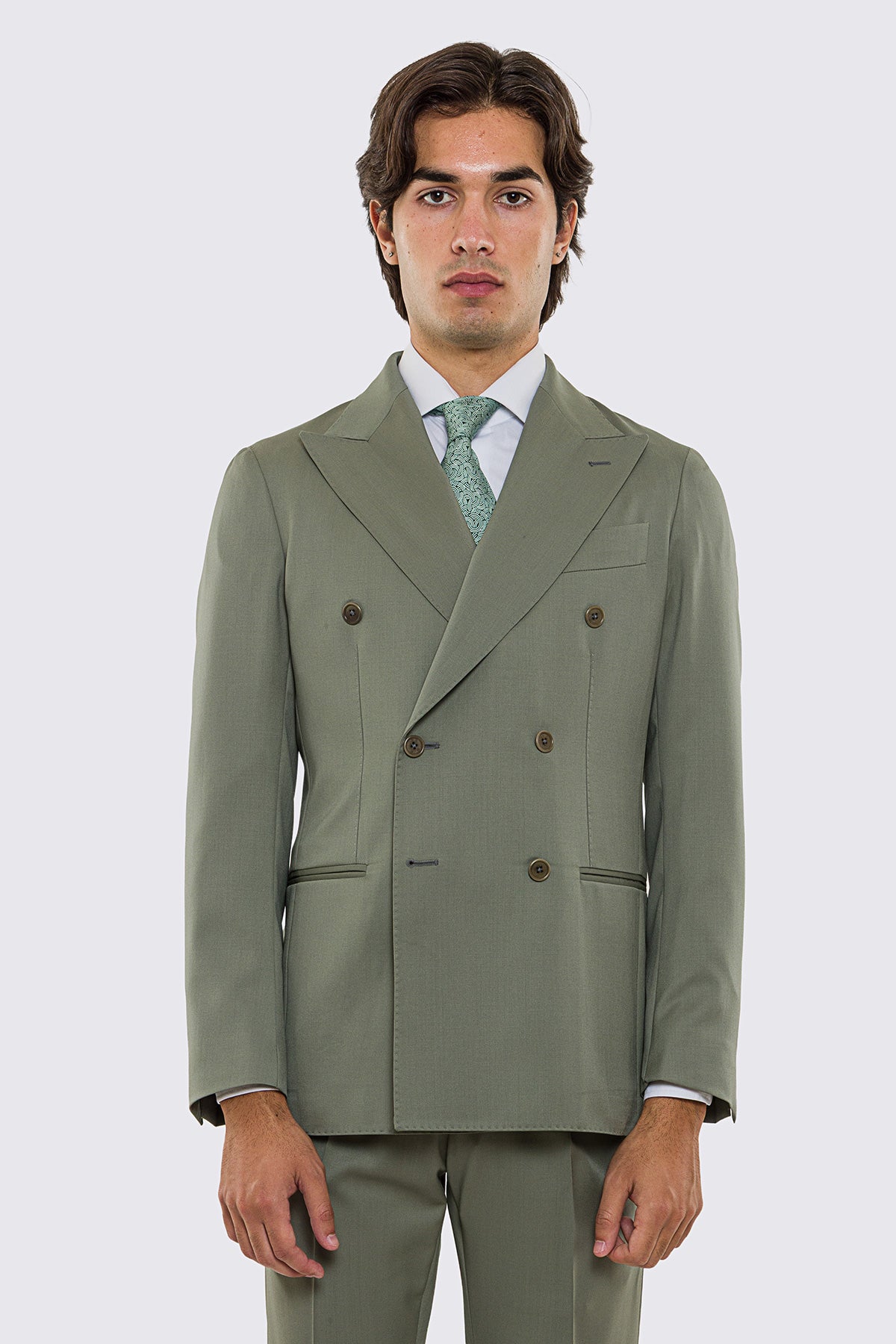 Abito uomo doppiopetto verde salvia fresco lana super 130's Vitale Barberis Canonico sfoderata Rever a lancia tasche a filo
