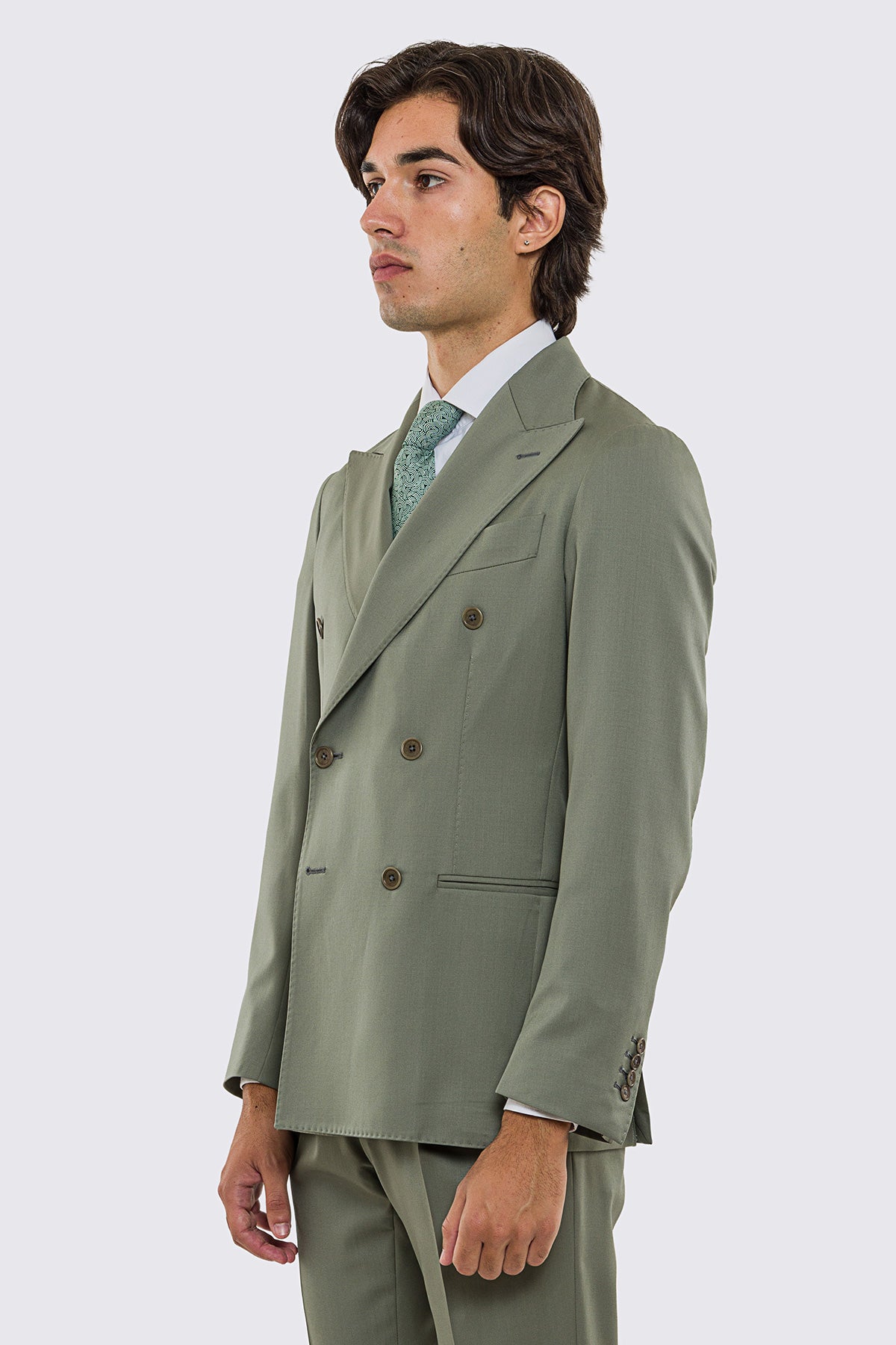 Abito uomo doppiopetto verde salvia fresco lana super 130's Vitale Barberis Canonico sfoderata Rever a lancia tasche a filo