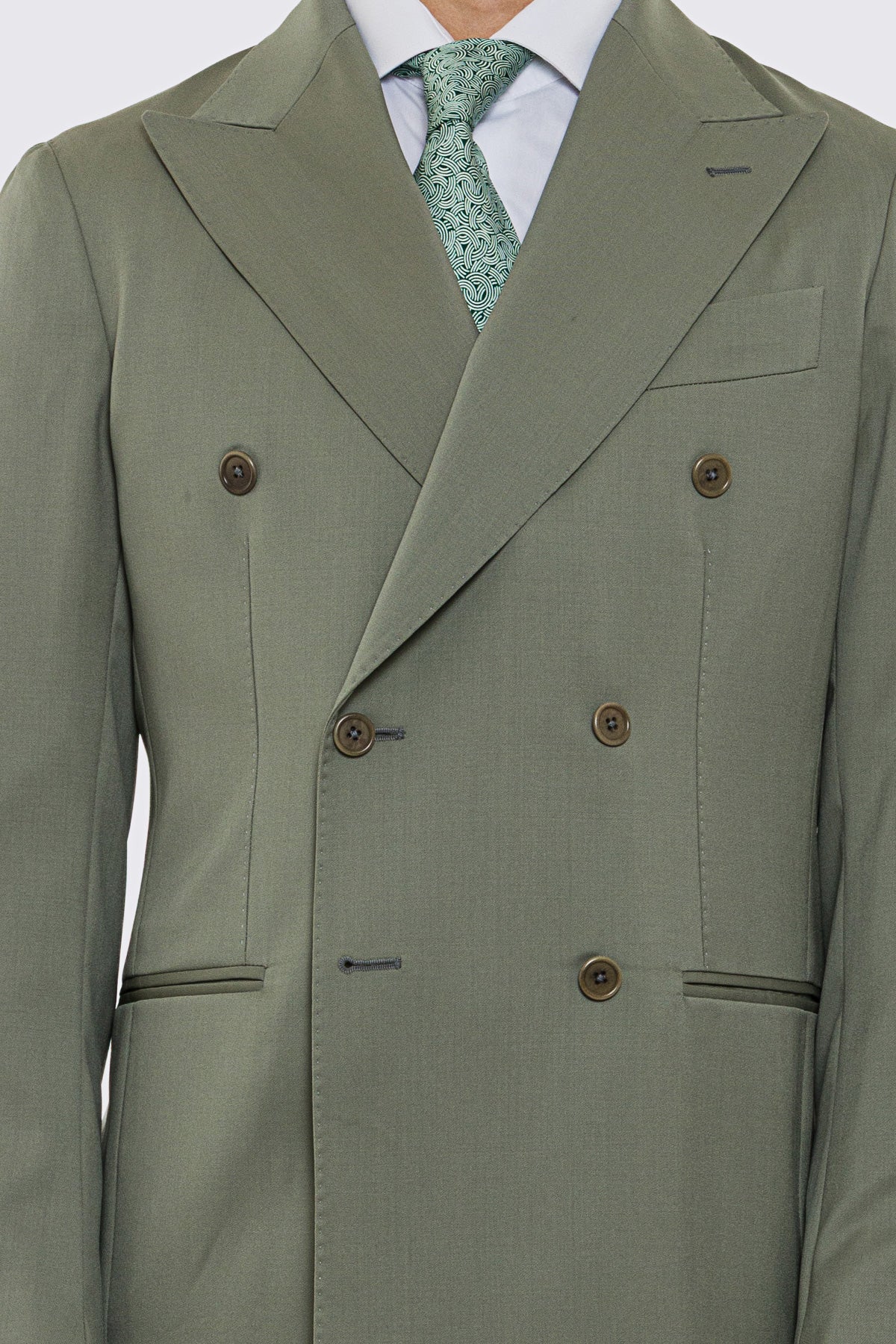 Abito uomo doppiopetto verde salvia fresco lana super 130's Vitale Barberis Canonico sfoderata Rever a lancia tasche a filo