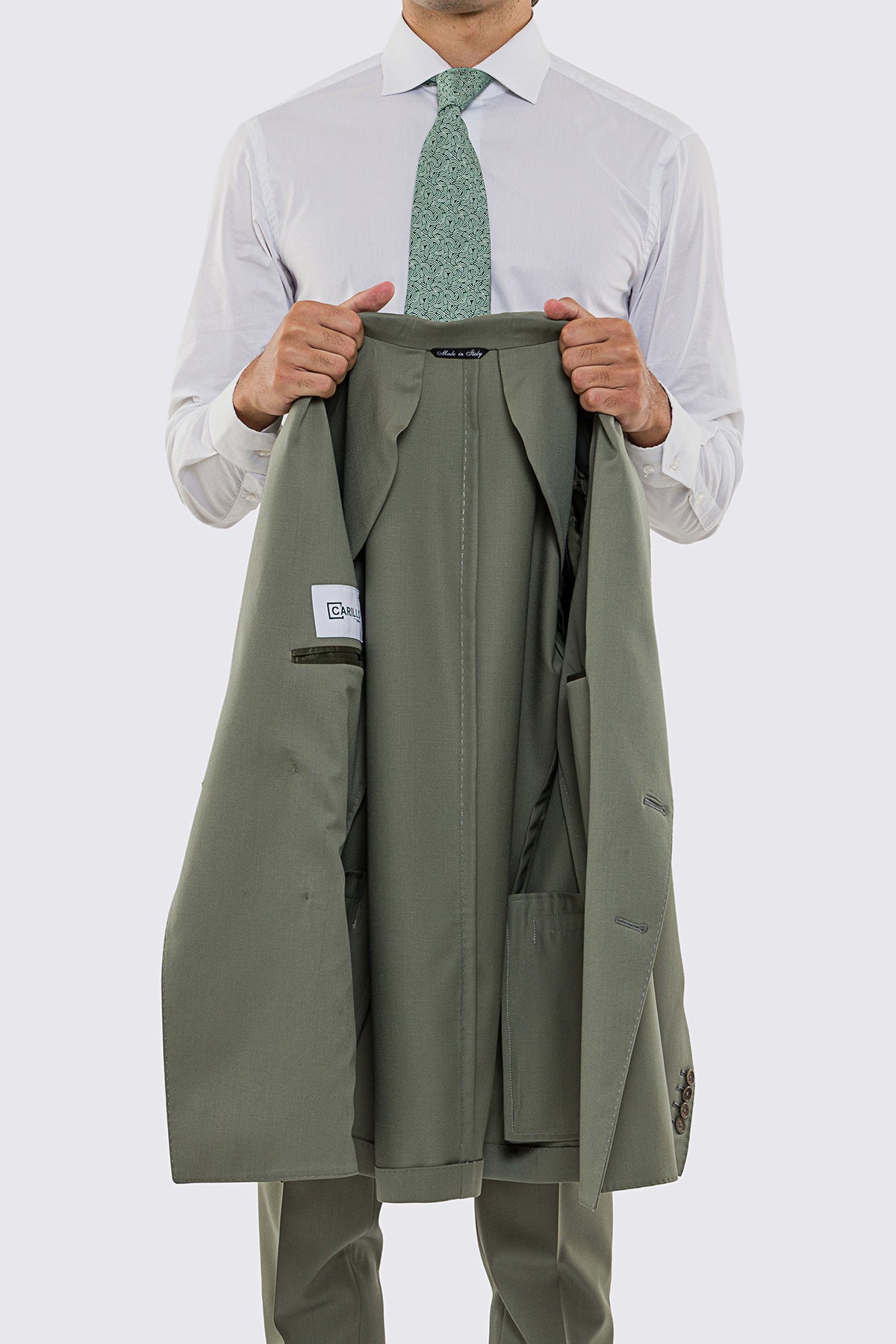 Giacca uomo doppiopetto verde salvia fresco lana super 130's Vitale Barberis Canonico sfoderata Rever a lancia tasche a filo