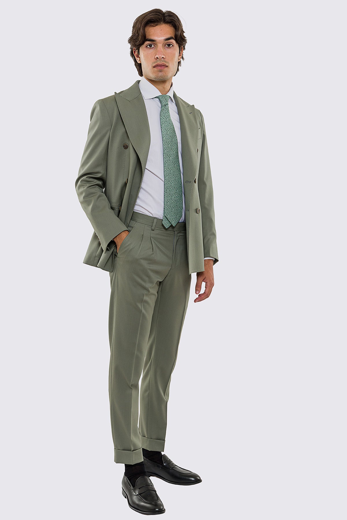 Abito uomo doppiopetto verde salvia fresco lana super 130's Vitale Barberis Canonico sfoderata Rever a lancia tasche a filo