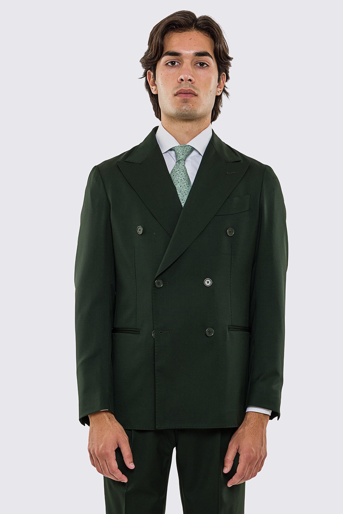 Giacca uomo doppiopetto verde scuro fresco lana super 130's Vitale Barberis Canonico sfoderata Rever a lancia tasche a filo