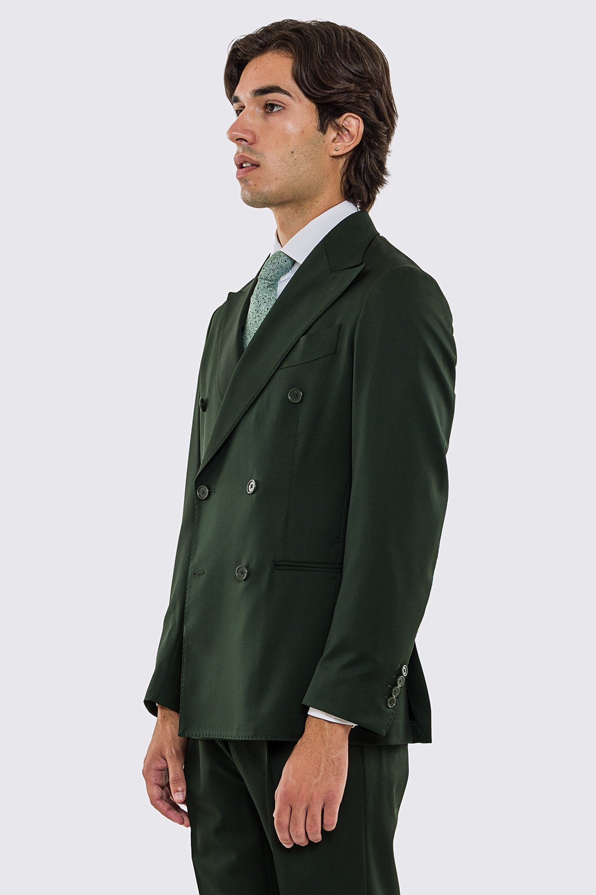 Giacca uomo doppiopetto verde scuro fresco lana super 130's Vitale Barberis Canonico sfoderata Rever a lancia tasche a filo