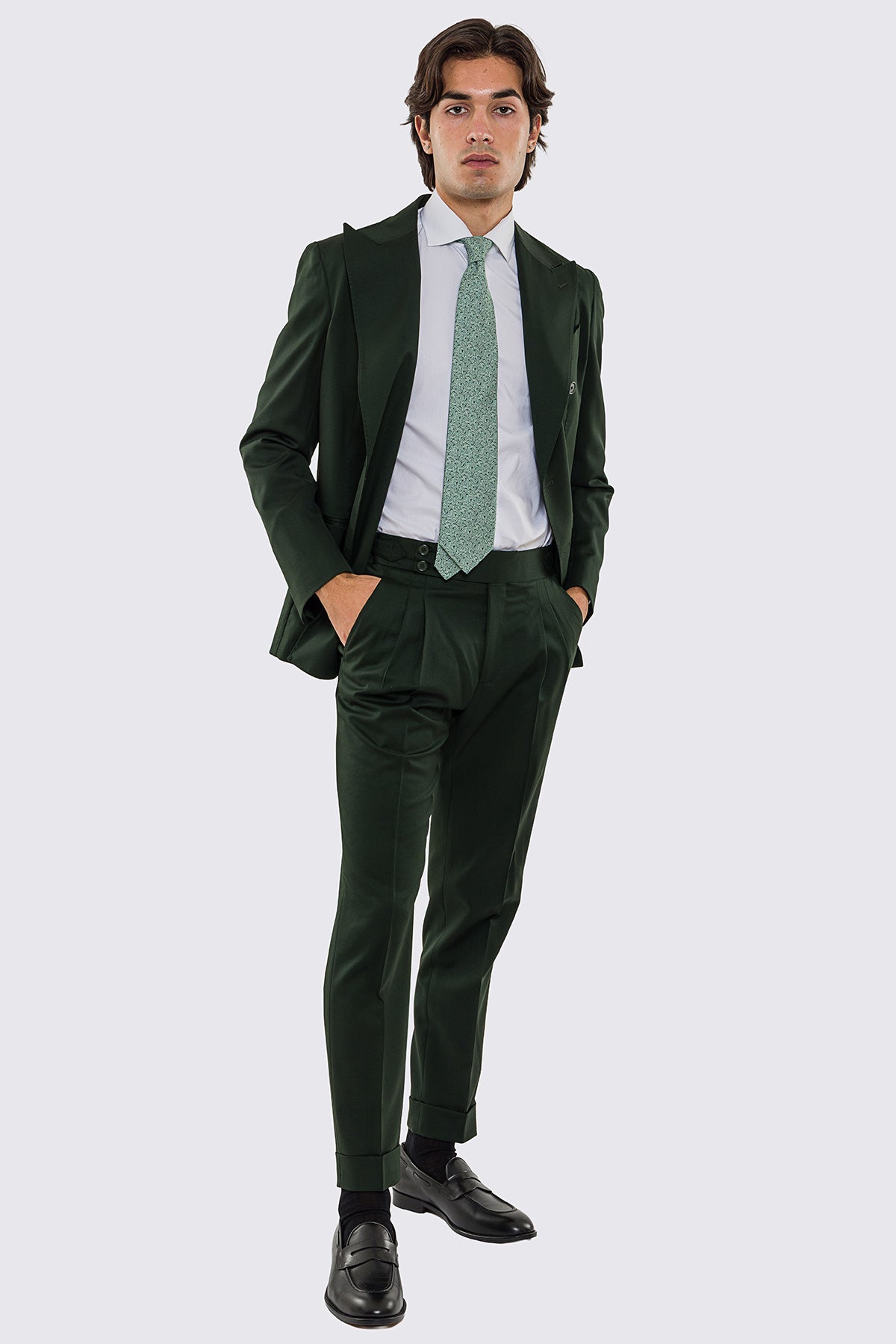 Abito uomo doppiopetto verde scuro fresco lana super 130's Vitale Barberis Canonico sfoderata Rever a lancia tasche a filo