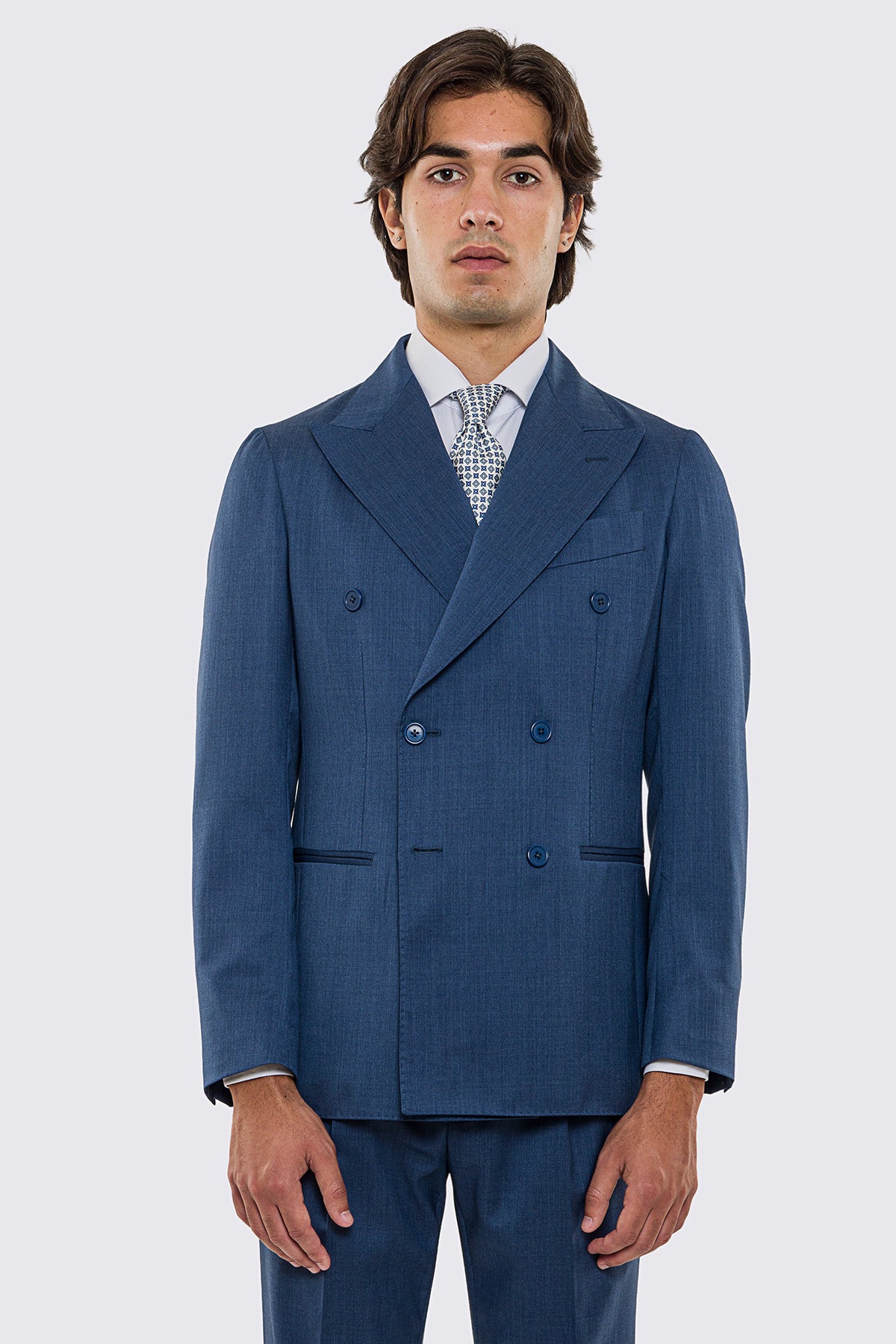 Giacca uomo doppiopetto Denim fresco lana super 130's Vitale Barberis Canonico sfoderata Rever a lancia tasche a filo