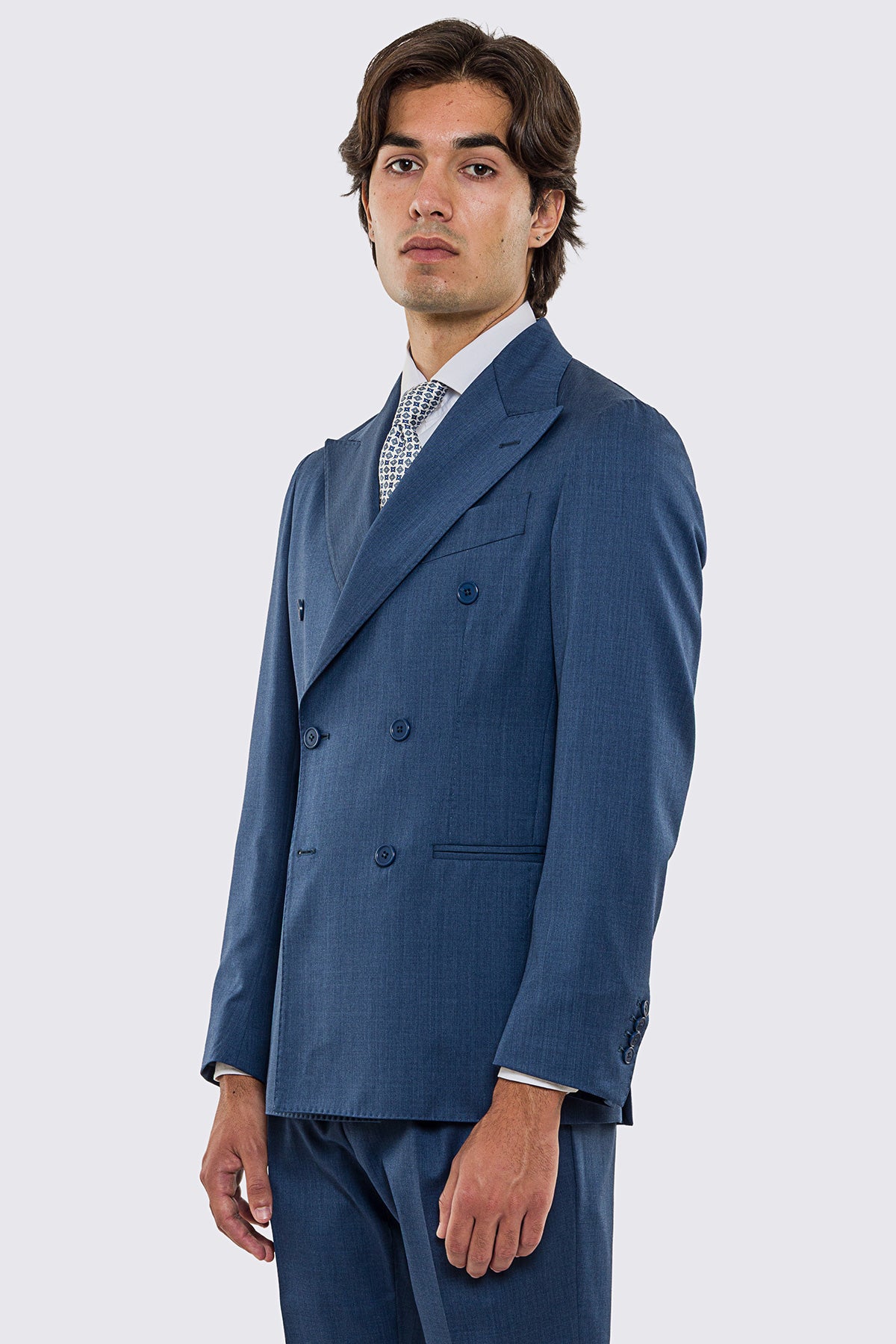 Abito uomo doppiopetto Denim fresco lana super 130's Vitale Barberis Canonico sfoderata Rever a lancia tasche a filo