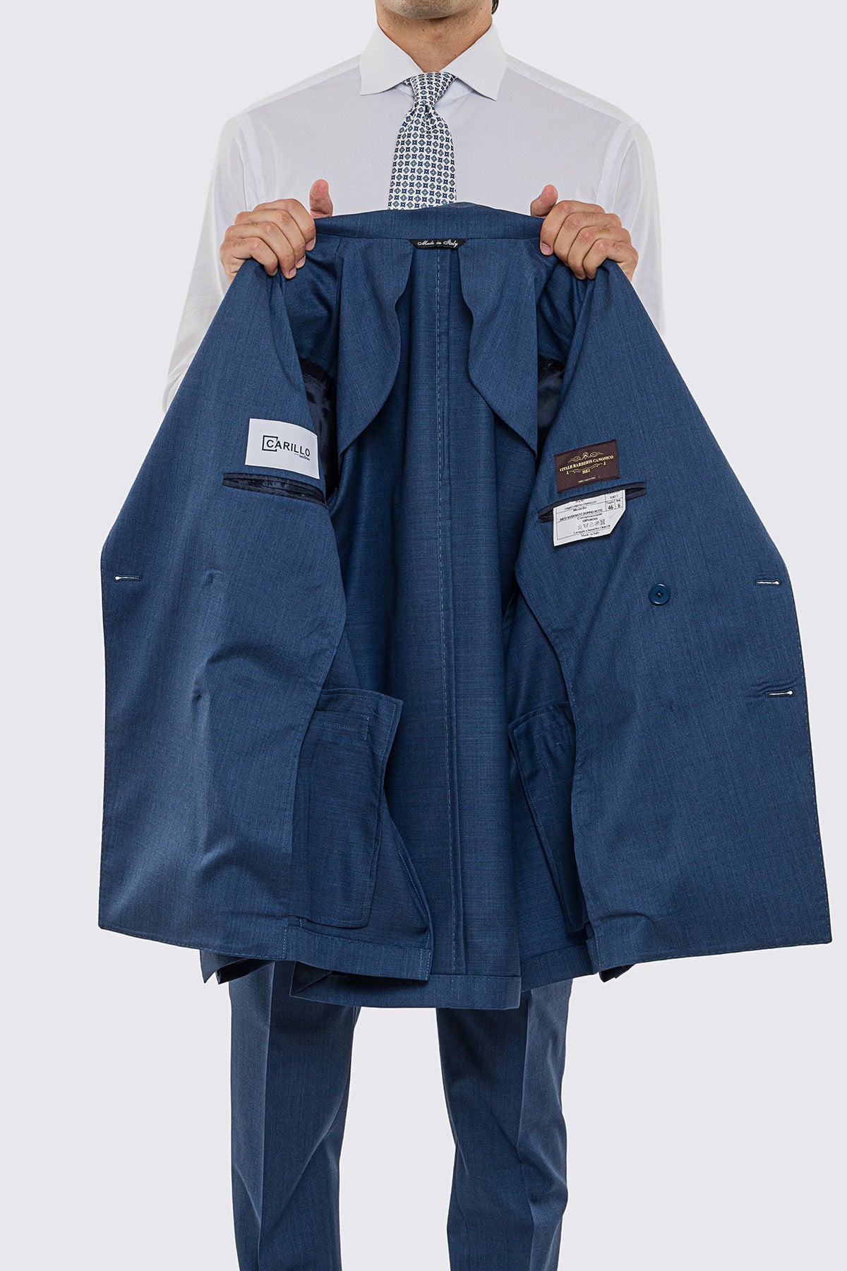 Giacca uomo doppiopetto Denim fresco lana super 130's Vitale Barberis Canonico sfoderata Rever a lancia tasche a filo