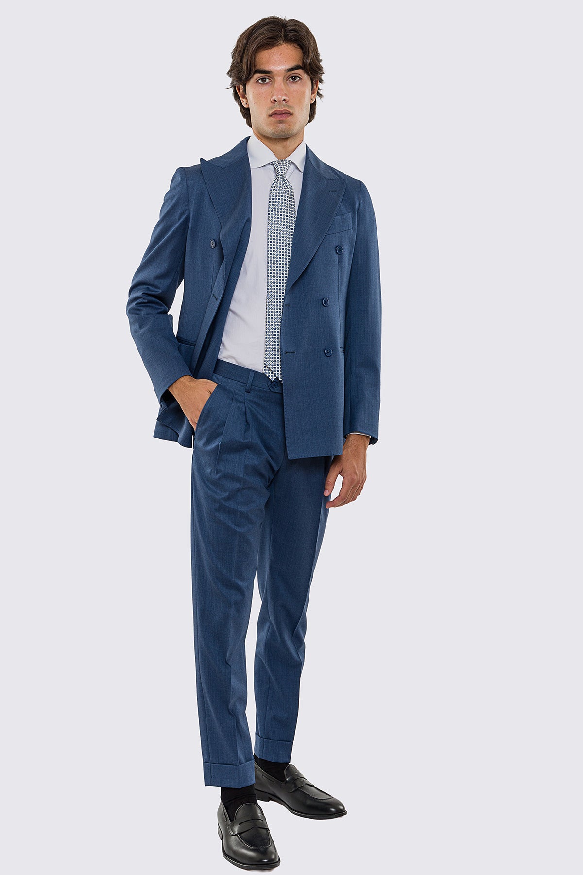 Abito uomo doppiopetto Denim fresco lana super 130's Vitale Barberis Canonico sfoderata Rever a lancia tasche a filo