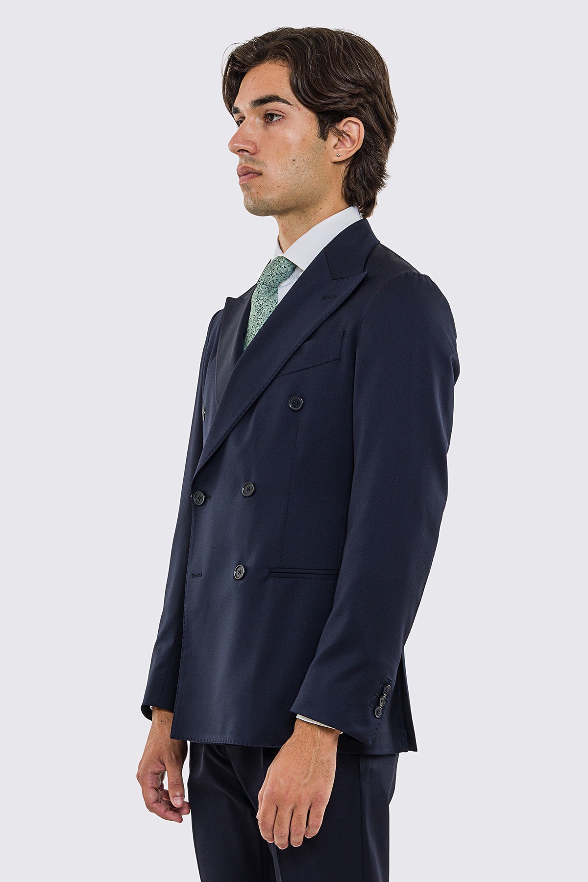 Giacca uomo doppiopetto blu notte fresco lana super 130's Vitale Barberis Canonico sfoderata Rever a lancia tasche a filo