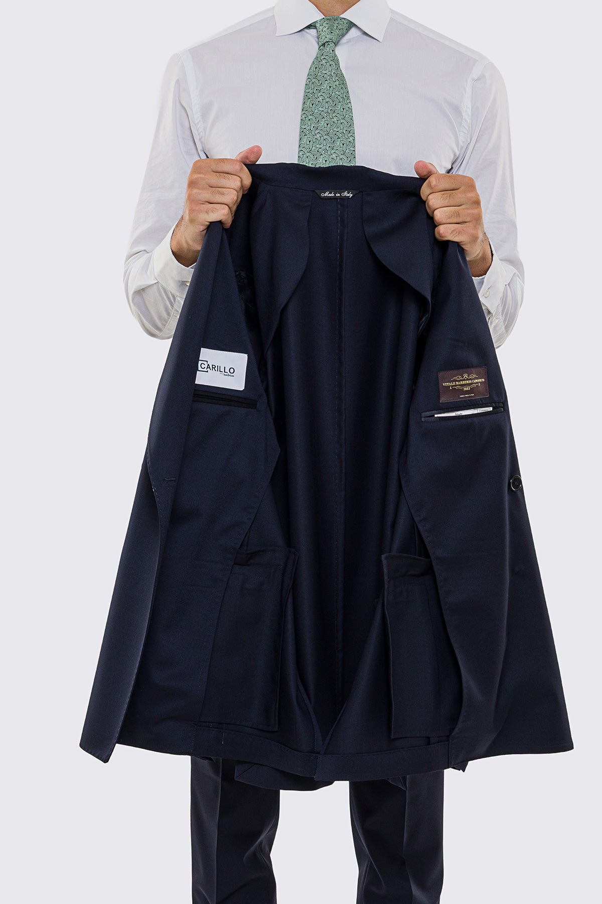 Giacca uomo doppiopetto blu notte fresco lana super 130's Vitale Barberis Canonico sfoderata Rever a lancia tasche a filo
