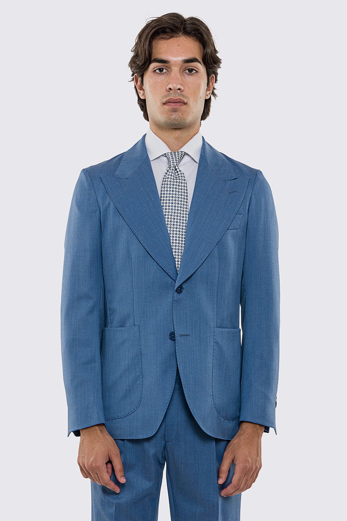 Giacca uomo Monopetto Denim fresco lana super 130's Vitale Barberis Canonico sfoderata Rever a lancia tasche a toppe