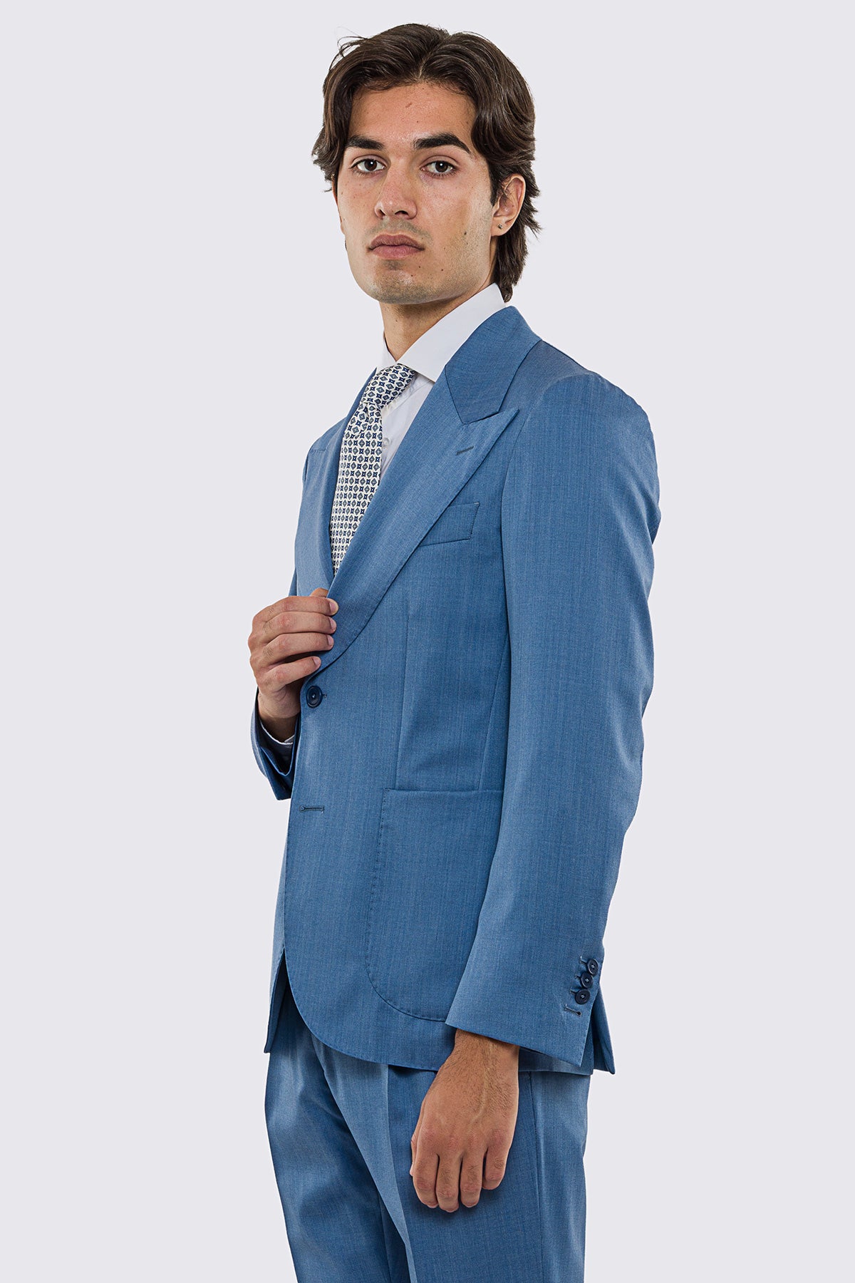 Giacca uomo Monopetto Denim fresco lana super 130's Vitale Barberis Canonico sfoderata Rever a lancia tasche a toppe