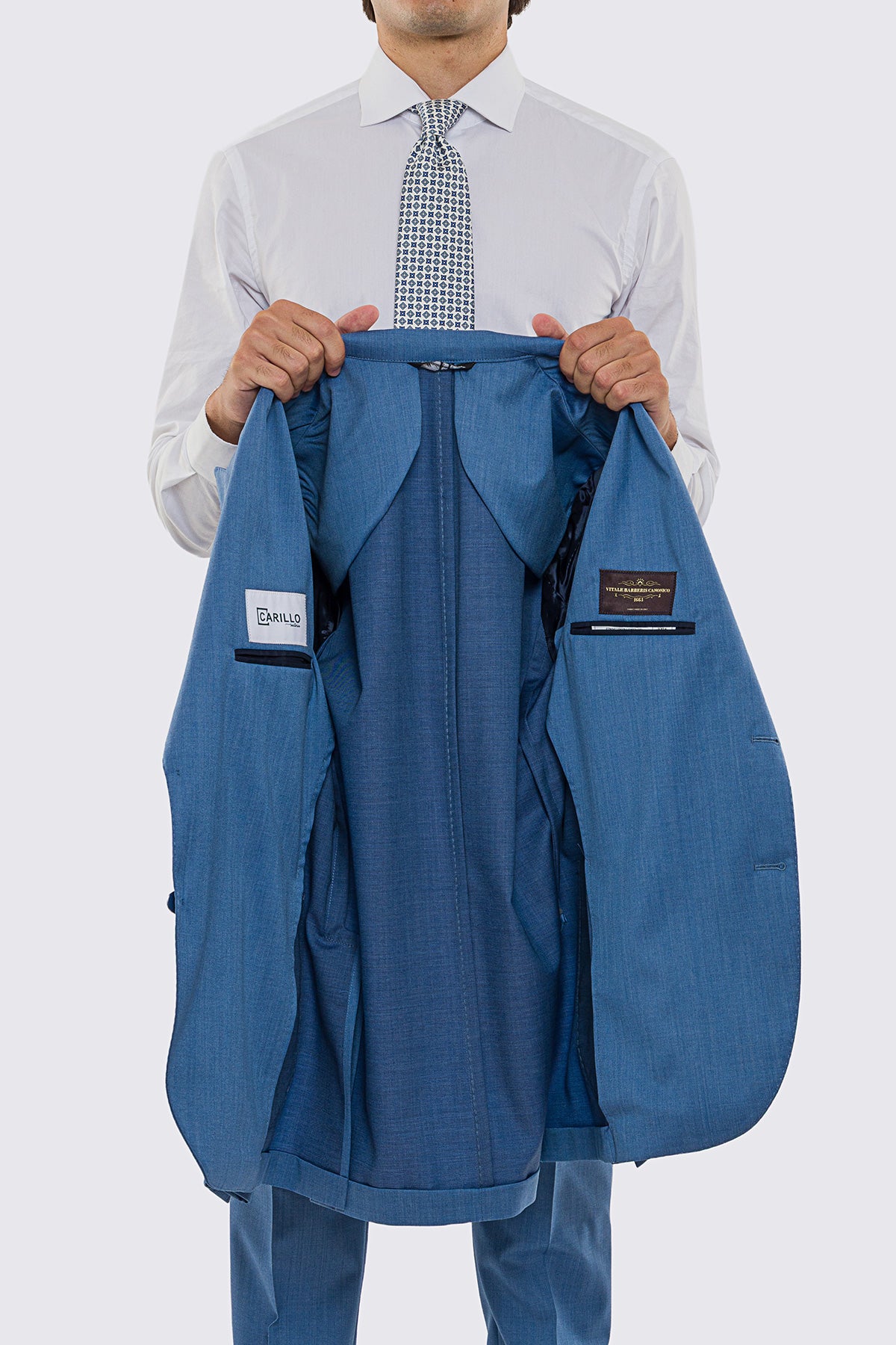 Giacca uomo Monopetto Denim fresco lana super 130's Vitale Barberis Canonico sfoderata Rever a lancia tasche a toppe