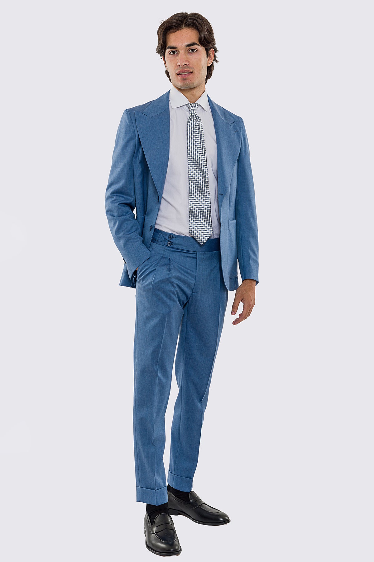 Giacca uomo Monopetto Denim fresco lana super 130's Vitale Barberis Canonico sfoderata Rever a lancia tasche a toppe