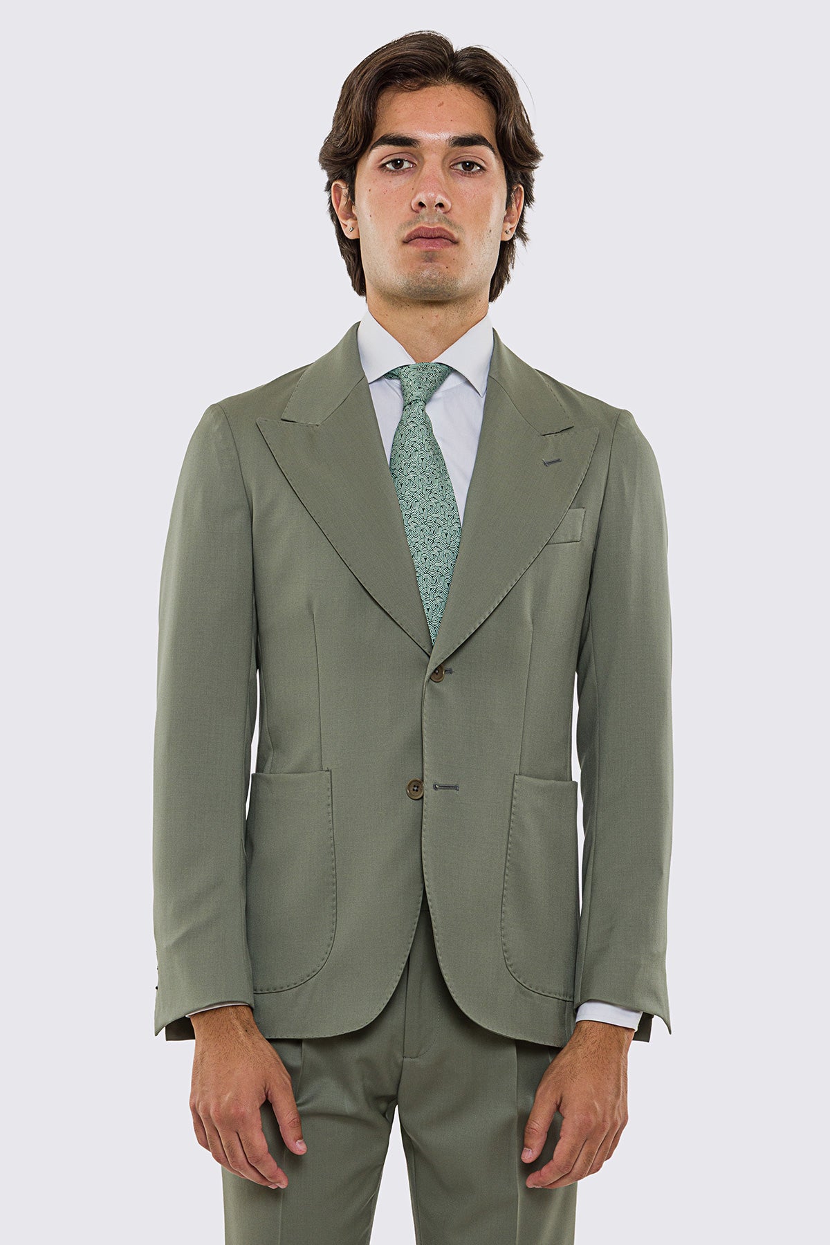 Abito uomo Monopetto salvia fresco lana super 130's Vitale Barberis Canonico sfoderata Rever a lancia tasche a toppe