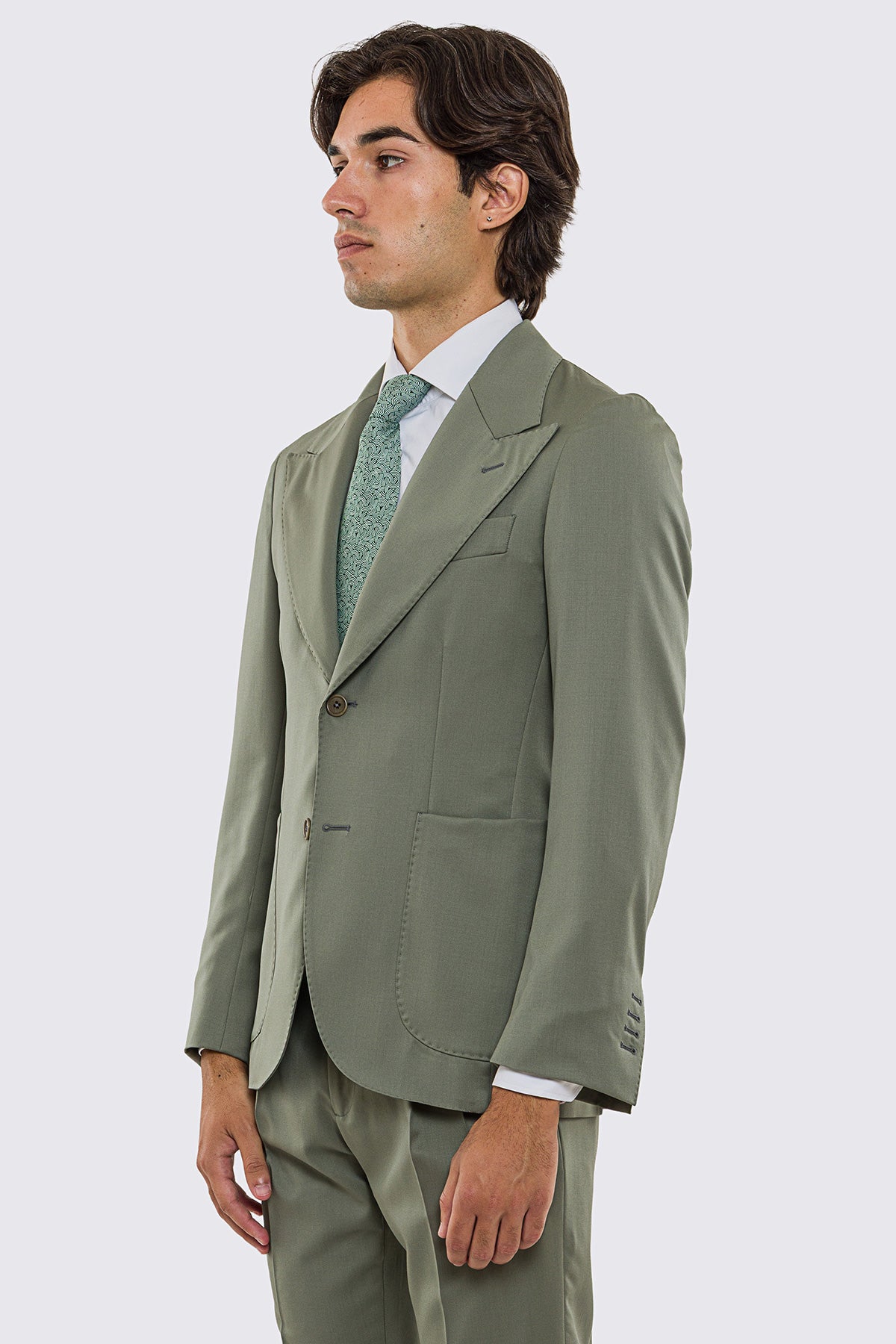 Giacca uomo Monopetto salvia fresco lana super 130's Vitale Barberis Canonico sfoderata Rever a lancia tasche a toppe